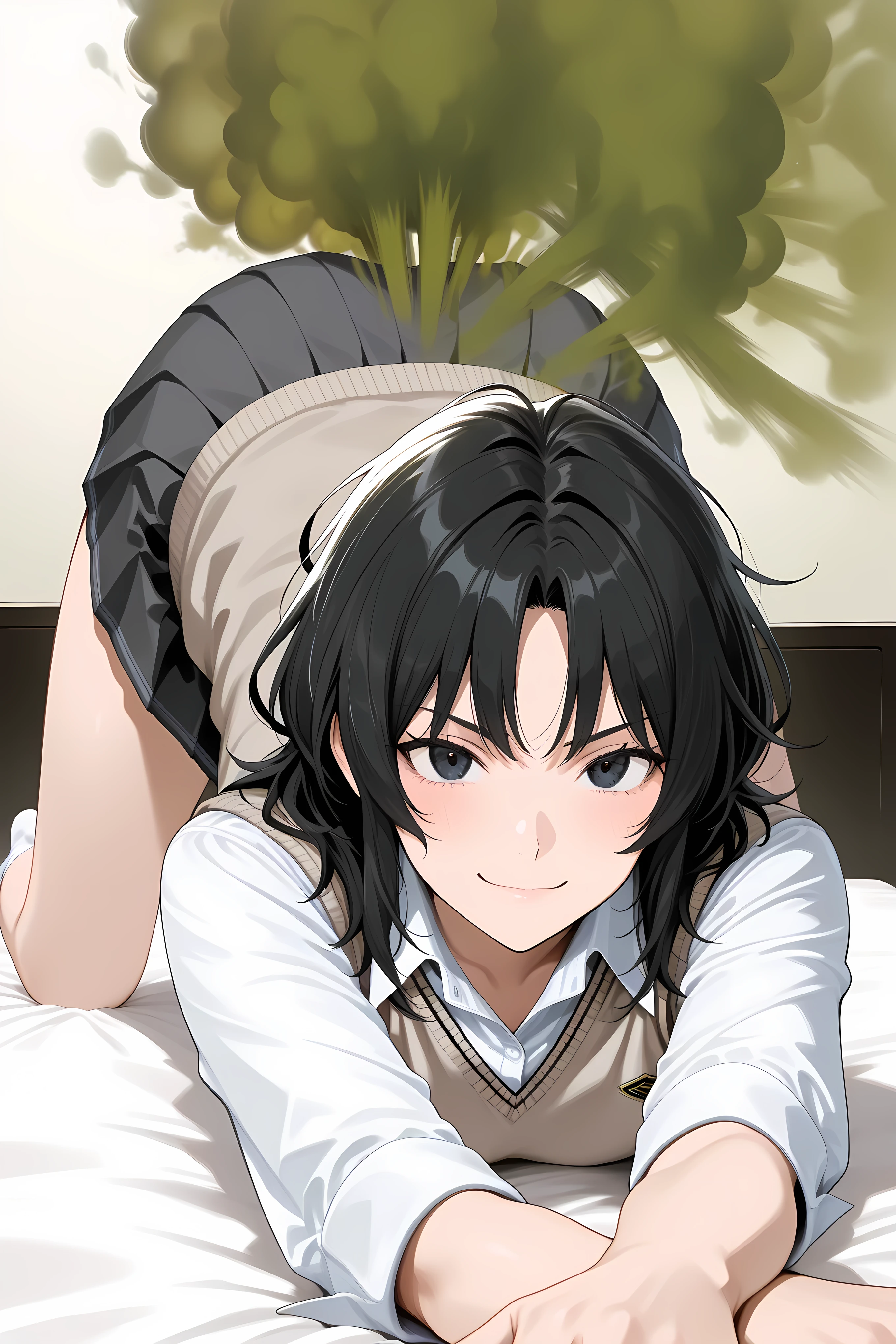 kaoru tanamachi, black eyes, black hair, messy hair,,kibito high school uniform, school uniform, sweater vest,, medium hair,
,cat stretch, arched back, stretch, pose, stretching,,
relaxed face,
general, Solo, masterpiece, highres, ultra-detailed, hyper-detailed, best quality, amazing quality, very aesthetic, best hands, best eyes, best hand
adult woman, 1woman, laying on huge hotel bed, (:2) , ( (yellow gas:2), near only,