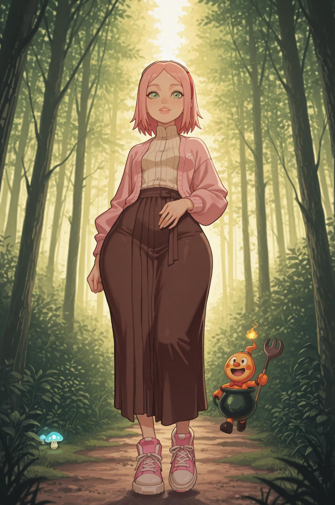 Sakura Haruno. small , huge , pink hair, medium hair, light green eyes, thin lips, very fair skin, big forehead. | A vibrant scene from Anpanman: Culinary Adventures — Anpanman and his friends in a whimsical dark‑fantasy forest. Anpanman soars through the misty air, trailing a scent of freshly baked bread, while his companions rush along a moss‑covered path below. One friend wears a flowing wide skirt and cozy cardigan, another sports comically oversized sneakers that dwarf their feet. In the clearing, a makeshift kitchen setup: a cauldron bubbling with a magical stew, floating ingredients, and utensils dancing mid‑air. Glowing mushrooms and twisted trees frame the scene; soft moonlight pierces the canopy. Style: colorful anime aesthetic, dynamic composition, playful mood, high detail, warm lighting contrasting with cool forest shadows.