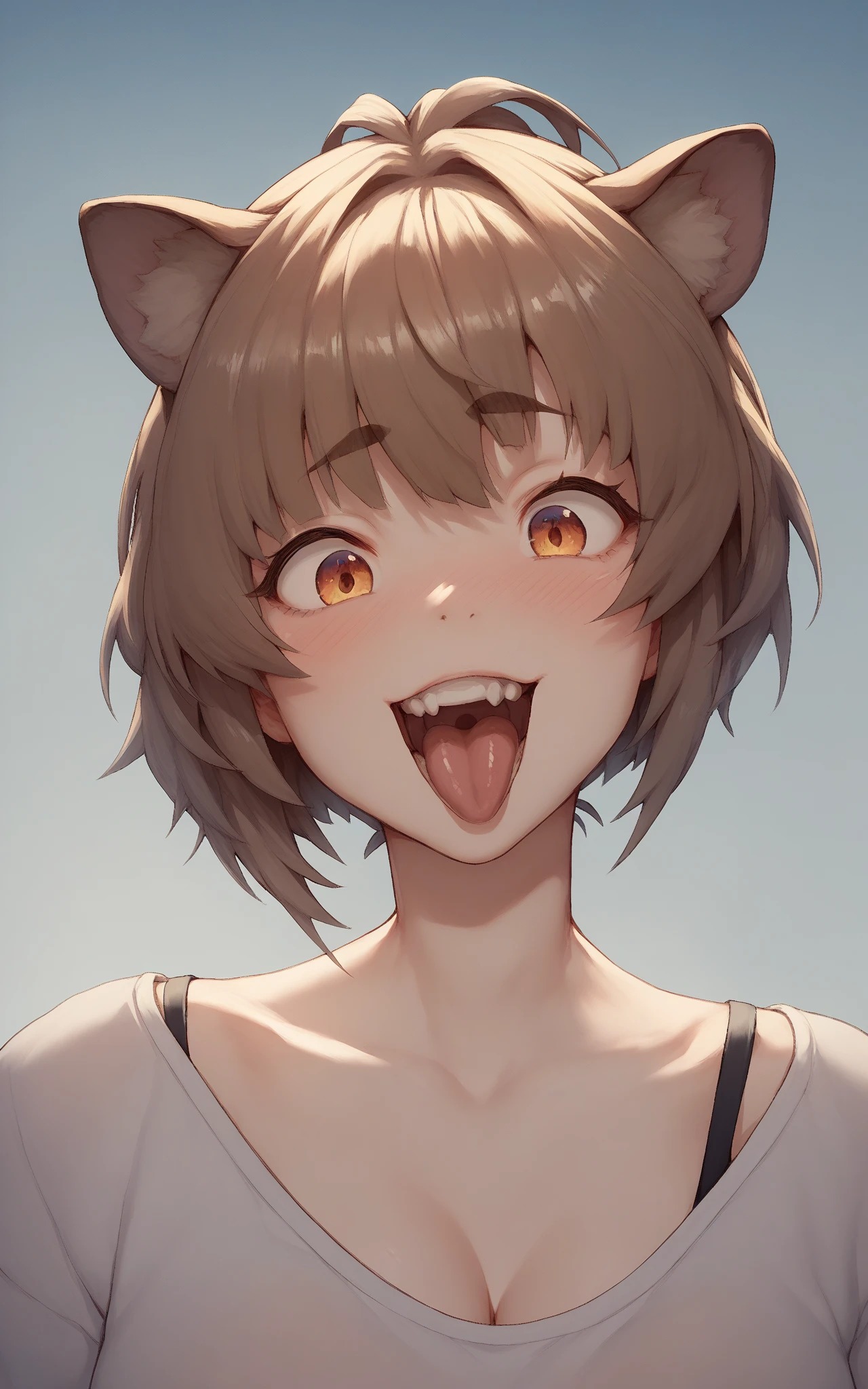 ((Masterpiece)), ((best quality)), (Anime:1.3), (super detail:1.2),(High Definition:1.3), (Professional Photography:1.2), ((12 years old)), Portrait shot, (morning), messy medium hair, (slightly exposed small chest), Beautiful collarbone, (Cheesy ragged camisole top), white camisole, Slender body, (place hand on cheek), Sweaty skin, (nauthy smile), open mouth, ((sticking out tongue)), Textured skin, (Cat ears), Pale brown hair, Cute Beautiful Girl, BREAK, ((best quality)), View of the sea and slums, ((On a steel tower at an altitude of 200 meters)), 