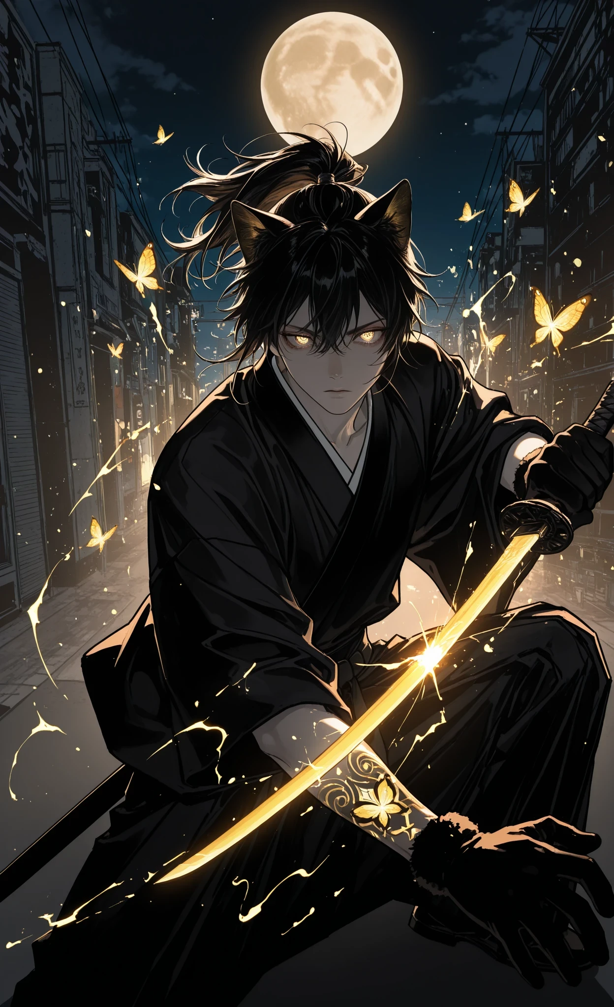 (masterpiece, top quality, over-detailed, absurd, clear focus: 1,4), detailed shadows, bright colors, (iwashi iwashi008:0.9),(luoman19921:1.1),(4b-enpitsu:0.8), (kagoya1219:0.6),
Tokyo Alley, Night, Full moon, cat ears, cat gloves,
1male, black hair, luminous hair, yellow eyes, luminous eyes with narrow pupils, Japanese clothes, several glowing golden butterflies surrounding him, luminous butterfly, futuristic weapon, new art style, soft lines, (new image: 1.2), (dramatic pose, powerful movement, sword in motion, flying sparks, energetic glow effects, intense fighting stance, wind blowing hair, blurring at a fast pace, cinematic perspective, heroic, dynamic background, epic action scene).