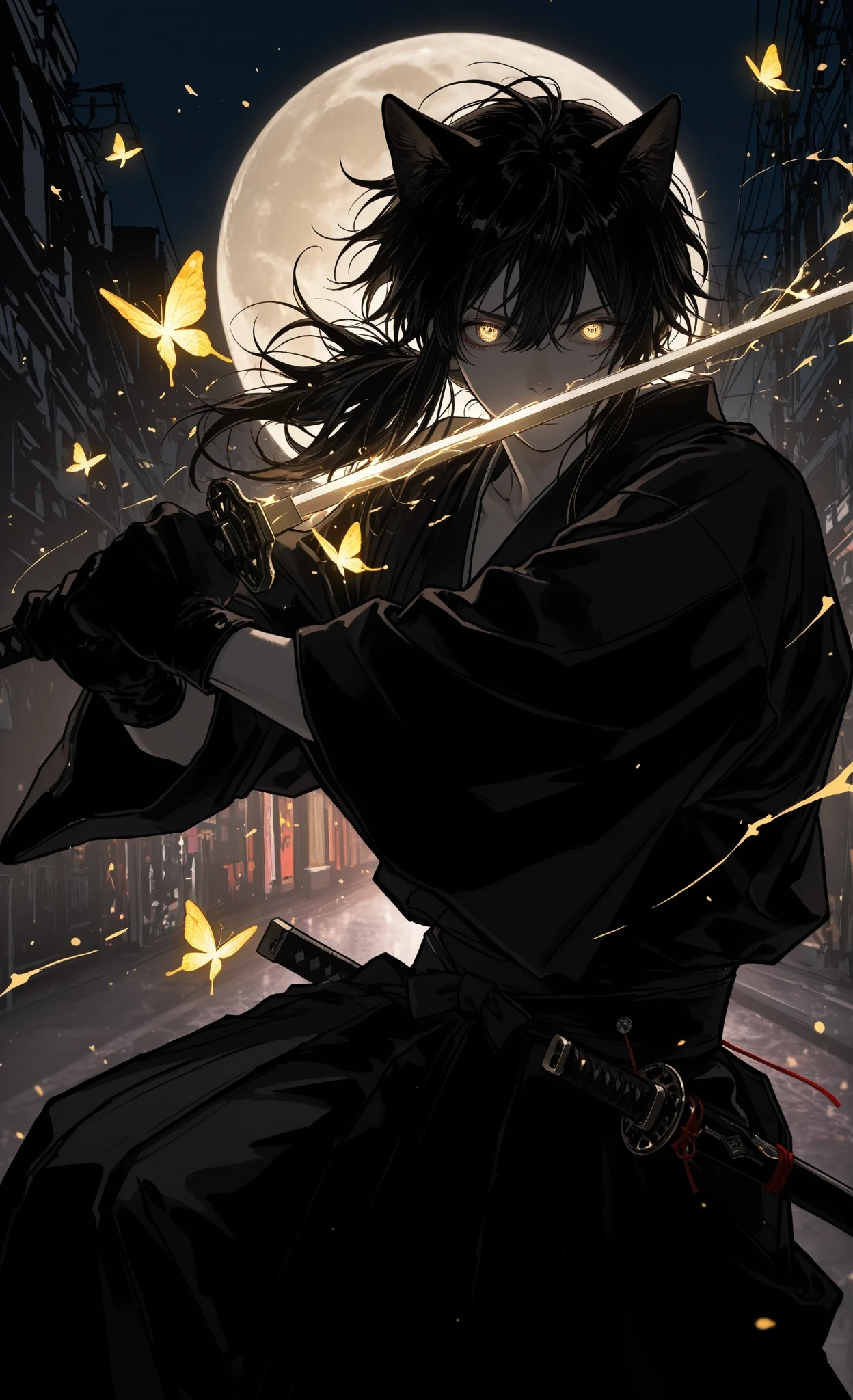 (masterpiece, top quality, over-detailed, absurd, clear focus: 1,4), detailed shadows, bright colors, (iwashi iwashi008:0.9),(luoman19921:1.1),(4b-enpitsu:0.8), (kagoya1219:0.6),
Tokyo Alley, Night, Full moon, cat ears, cat gloves,
1male, black hair, luminous hair, yellow eyes, luminous eyes with narrow pupils, Japanese clothes, several glowing golden butterflies surrounding him, luminous butterfly, futuristic weapon, new art style, soft lines, (new image: 1.2), (dramatic pose, powerful movement, sword in motion, flying sparks, energetic glow effects, intense fighting stance, wind blowing hair, blurring at a fast pace, cinematic perspective, heroic, dynamic background, epic action scene).