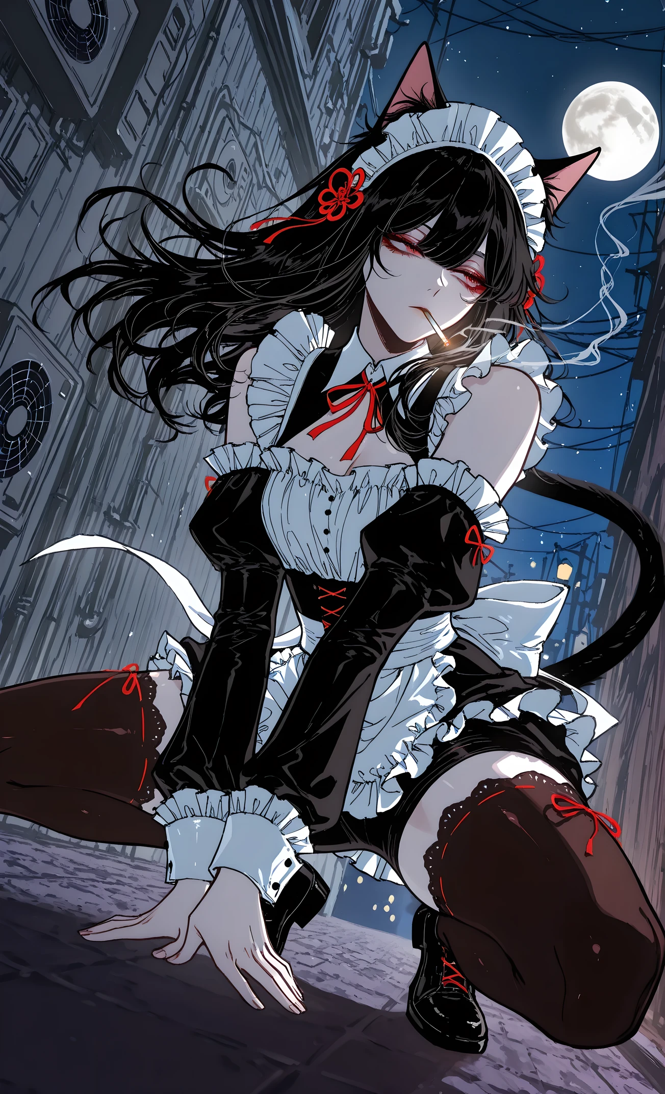 (masterpiece, best quality, ultra-detailed, absurdres, intricate details, sharp focus), hotatenshi, sheya, noriuma, bombyoon, shine, nama udon, catsubun kkst0904, rikuwo, huangdanlan, jane mere, otonoha aika, night, full moon,
1girl, solo, cat girl, cat ears, cat tail,
long hair, maid, maid headdress, smoking, cigarette, squatting, sitting, bike shorts, ribbon thighhighs, bare shoulder, detached sleeves, frilled maid outfit, black hair, air conditioner outdoor unit, alleyway,
(((dynamic pose, dynamic angle))),