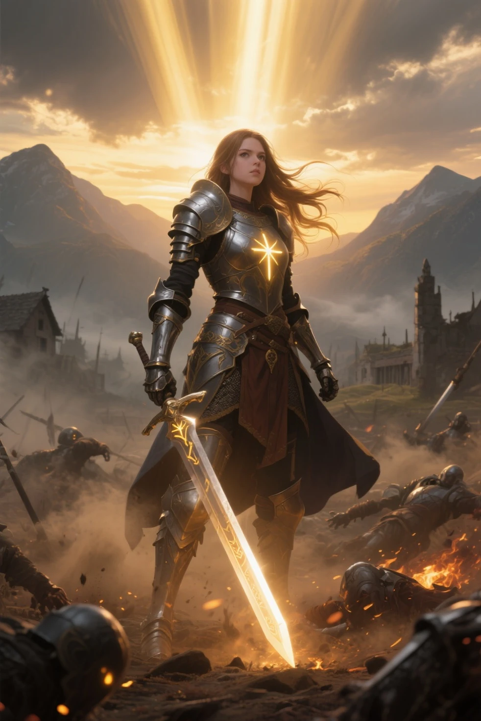 masterpiece, highly detailed, hyper-realistic, 1girl, beautiful woman, iron armor, steel sword, metal shield, holding victory flag, cinematic lighting, dramatic pose, ancient medieval setting, glowing aura, cinematic atmosphere, volumetric lighting, intricate details, delicate features, intense expression, digital painting, concept art style, muted color palette, chiaroscuro lighting