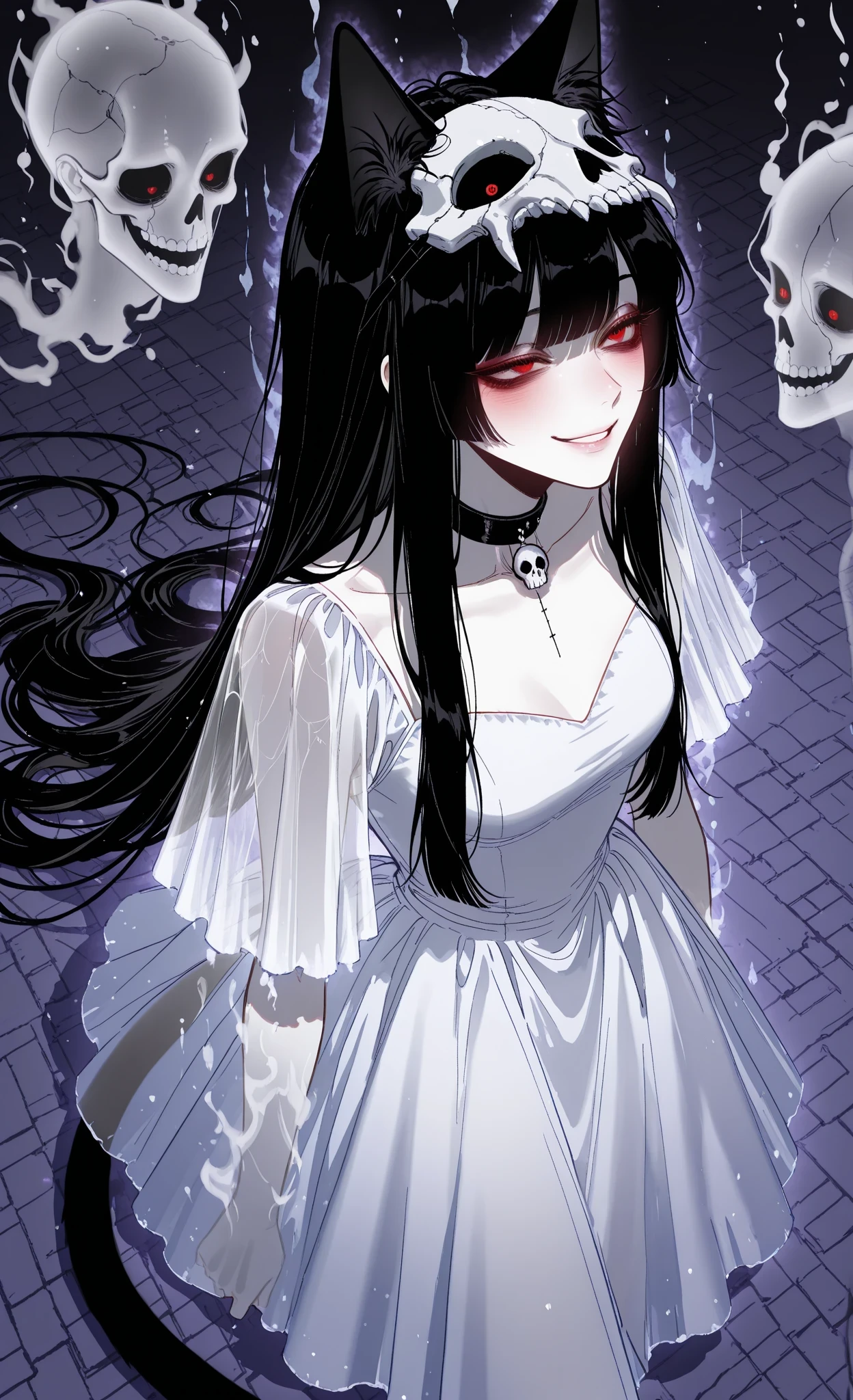 (masterpiece, best quality, ultra-detailed, absurdres, intricate details, sharp focus), hotatenshi, sheya, noriuma, bombyoon, shine, nama udon, catsubun kkst0904, rikuwo, huangdanlan, jane mere, otonoha aika, night, full moon,
1girl, cat girl, cat ears, cat tail,
(ghost girl), (shading: 1.3), clear image, even color, ((white ghost dress: 1.4)), ectoplasm, (bags under the eyes:1.3), hime cut, ultra-long side bangs, very long hair, (white skin), collar, red eyes, sleeveless, black hair, face in shadow, yandere, jezugao, (((skull mask on head))) Scary skull mask, score 9, score 8, score 7, (((transparent body:1.6))), (((translucent body:1.6))), A ghostly body:1.5, ectoplasmic body, Japanese horror, ring, creepy grin, extremely wide smile, gesticulation, parted lips, sharp teeth, The best teeth, the haunter, (((ghostly aura: 1.4))), (luminous aura), (paired aura), shadow, shading, shading, contour, shadow, flaunt, roll, blur, embarrassment, blush, (surprised), blush, embarrassment, smug smile, gesticulation, half-closed eyes, disgust, hair on one eye, bags under the eyes, pastel colors, soft, cute, (on the side:1.3), (from above:1.4), close-up, picturesque style, soft shading, bright colors, stylized, large expressive eyes, thick eyeliner, rich tones, textured brush strokes, bright colors