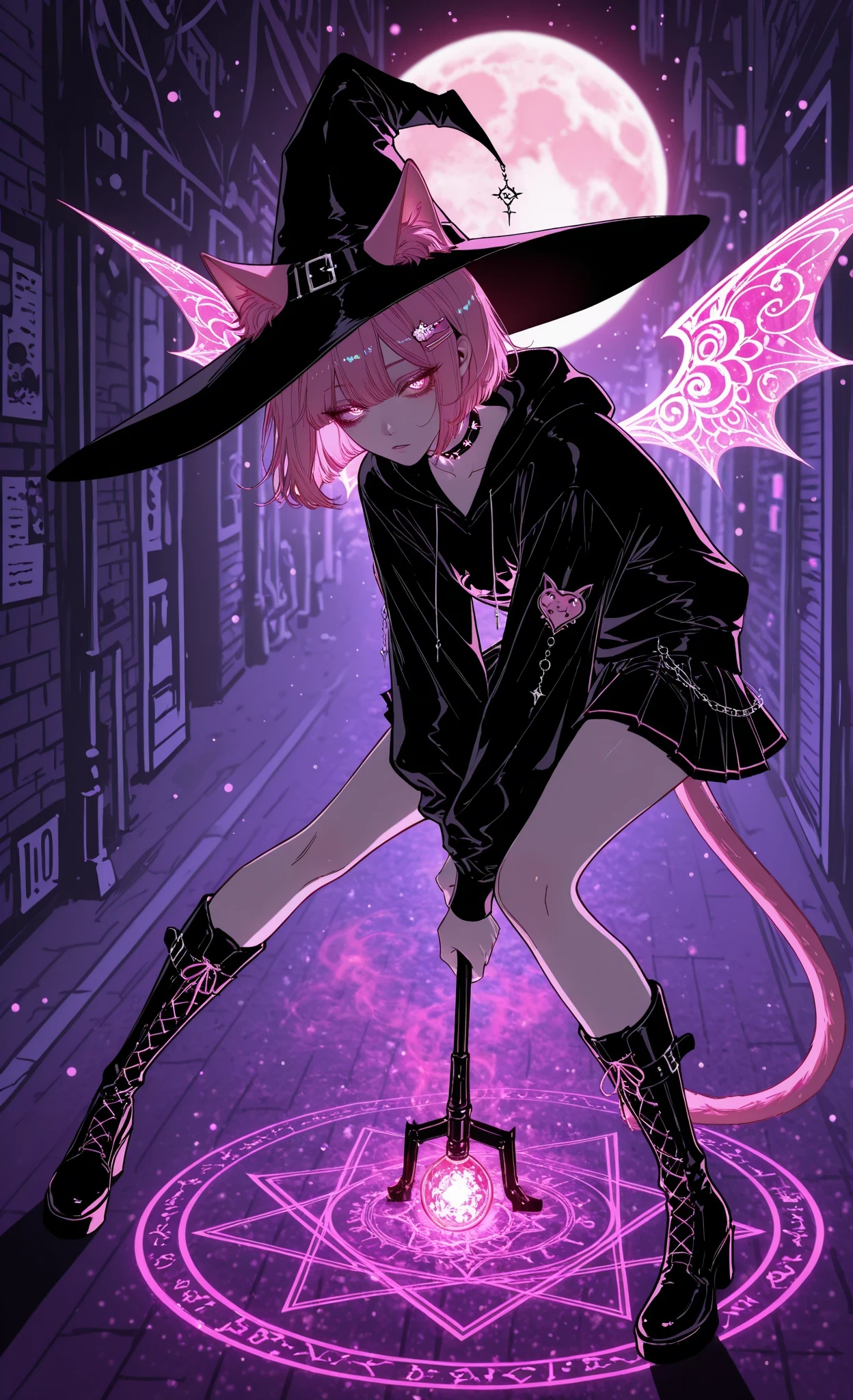 (masterpiece, best quality, ultra-detailed, absurdres, intricate details, sharp focus), hotatenshi, sheya, noriuma, bombyoon, shine, nama udon, catsubun kkst0904, rikuwo, huangdanlan, jane mere, otonoha aika, night, full moon,
1girl, cat girl, cat ears, cat tail, hot-pink outline, dynamic pose, polka dot background, dotted background, drop shadow, bright magenta eyes, bubblegum-pink bob haircut, mint-green inner hair color, tiny bat-wing hair clips, small sharp teeth, playful expression, crouching, leaning forward, magic circle, oversized witch hat, tech-witch hoodie, glowing sigils, translucent puffy sleeves, pleated micro-skirt, floating neon runes, thigh-high glossy boots, hex-collar, floating neon broom, digital staff, holographic wings, candy-colored cyber alley, holographic posters, pastel smoke clouds, pink/teal chromatic flares, glossy bubblegum highlights, anime cyber-pastel energy, tech witch, neon magic, holograms, cyber pastel, spell circle, anime coloring, ultra high contrast, intricate illustration, pastel coloring, clear lines, glowing pupils, minimal lineart, minimal linework, rough shadows, ultra flat coloring, flat shading, 2D, hard cell shading, decora, backlighting, depth of field, foreshortening, dramatic shadows, extremely glowing highlights, flatline, flat vector illustration, vivid colors, white thick outline, outline, watercolor, soft light