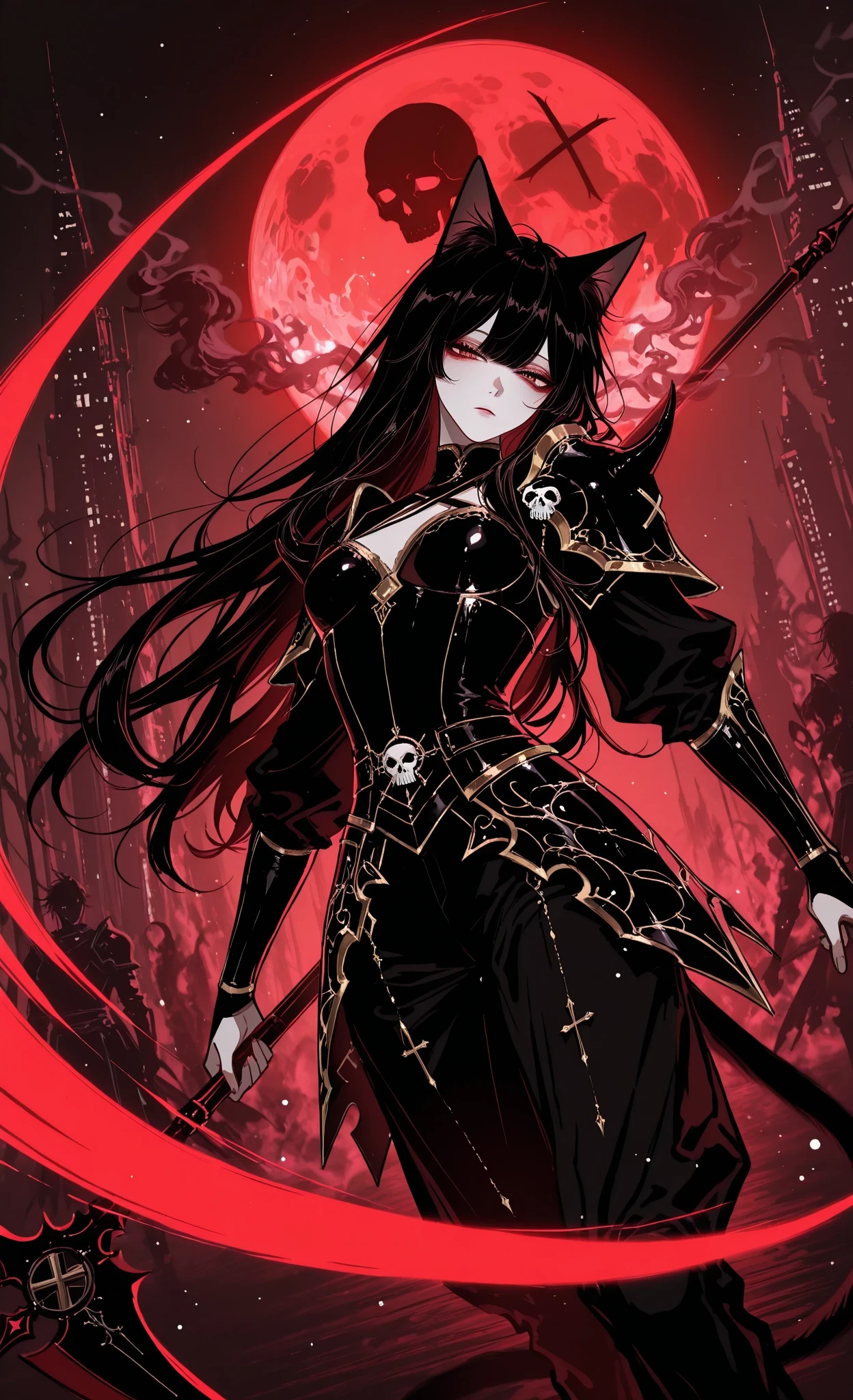 (masterpiece, best quality, ultra-detailed, absurdres, intricate details, sharp focus), hotatenshi, sheya, noriuma, bombyoon, shine, nama udon, catsubun kkst0904, rikuwo, huangdanlan, jane mere, otonoha aika, night, full moon, 1girl, cat girl, cat ears, cat tail,
general, solo, contrapposto, cute face, daydreaming expression, fair skin,very long hair, black hair, scythe, holding scythe, (x:2),fog, armor, black armor, gold trim, (embroidery:1.2), detailed embroidery, fantasy theme, sparkling particles, light particles, (mysterious smoke:1.4), blue fire, phosphorescent, skull, cinematic background, scenery, (dynamic pose:1.5), cinematic lighting, serene atmosphere, black theme, red theme, mysterious atmosphere,(slashing x:1.6), skyscraper, looking at viewer, very aesthetic, intricate detailed, chromatic aberration,(anime coloring:1.3),(dynamic angle, delicate background:1.3),(watercolor_\(medium\):1.2),(simple coloring,flat color:1.2),