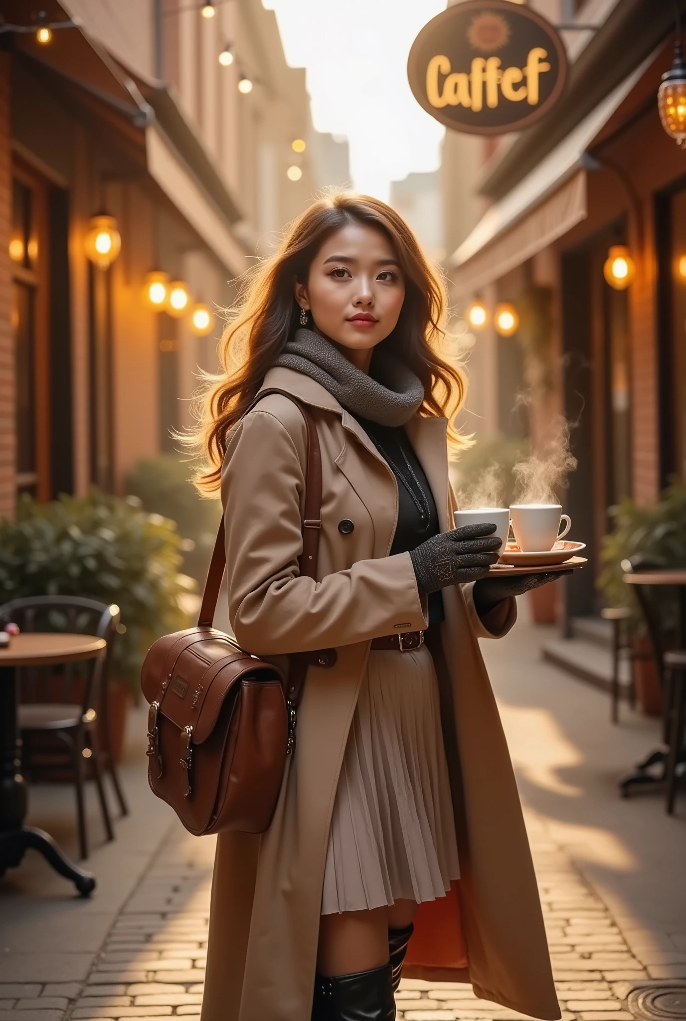 Theme: “Alluring Coffee Courier”

A beautifully stylized, cinematic scene of an alluring coffee courier lady delivering fresh brews with elegance and charm. She steps through a warm, golden café alley at dawn, carrying a leather satchel and a tray of steaming handcrafted coffees. Her look is effortlessly captivating—soft waves of hair, expressive eyes, and a confident, gentle smile that warms the atmosphere.

Her outfit blends vintage courier aesthetics with modern allure: fitted coat, pleated skirt fluttering in the morning breeze, silky scarf, and polished boots. Subtle accessories—delicate earrings, embossed gloves, small enamel pins—hint at her personality. As she offers a cup forward, rising steam curls around her like a soft halo, illuminated by warm sunbeams filtering through café windows and hanging string lights.

Coffee aroma fills the air, blending with the cozy ambience of brick walls, wooden signs, bicycles, and plants. The moment feels intimate, enchanting, and full of charm—an irresistible invitation to take a sip from the drink she lovingly prepared.
