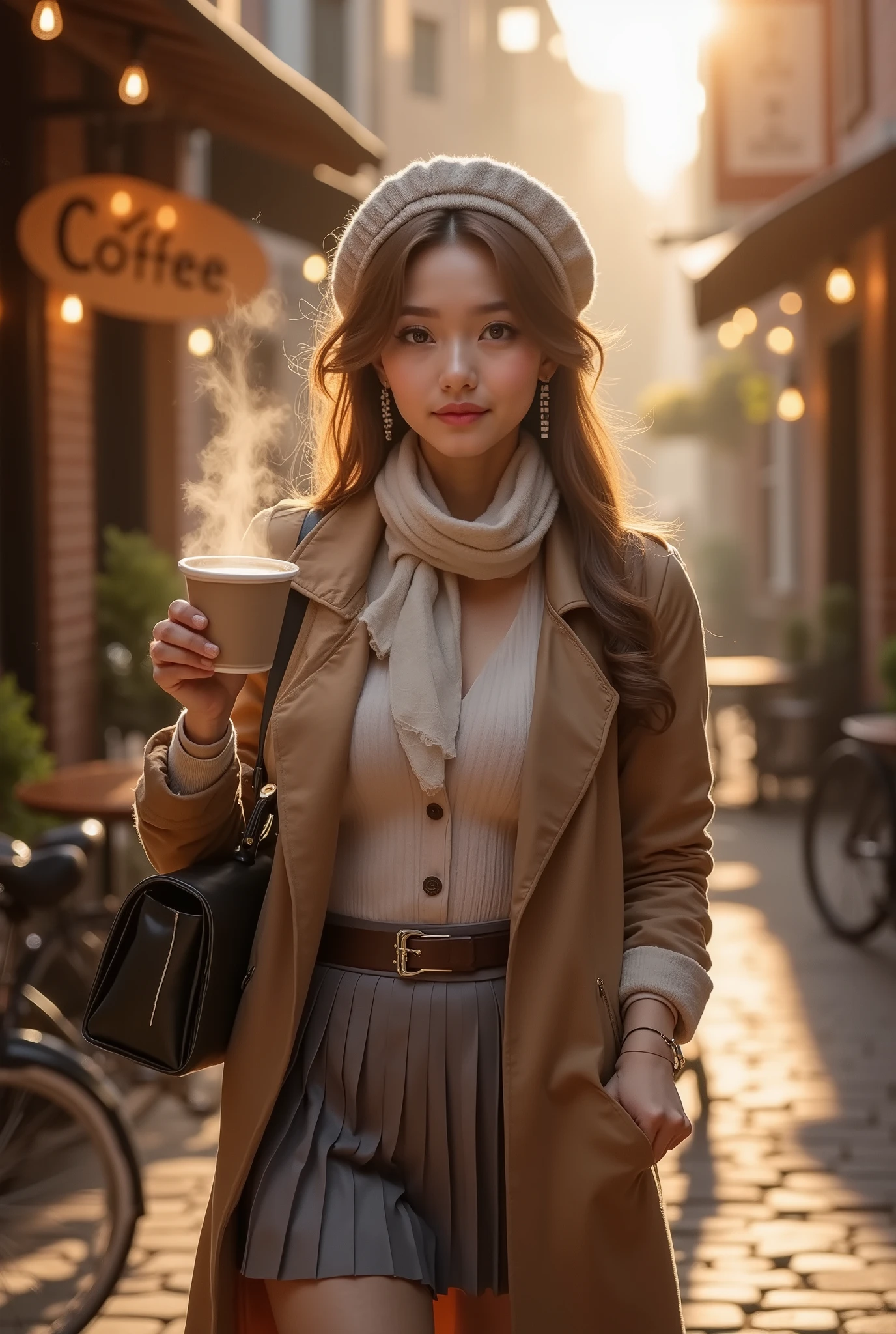 Theme: “Alluring Coffee Courier”

A beautifully stylized, cinematic scene of an alluring coffee courier lady delivering fresh brews with elegance and charm. She steps through a warm, golden café alley at dawn, carrying a leather satchel and a tray of steaming handcrafted coffees. Her look is effortlessly captivating—soft waves of hair, expressive eyes, and a confident, gentle smile that warms the atmosphere.

Her outfit blends vintage courier aesthetics with modern allure: fitted coat, pleated skirt fluttering in the morning breeze, silky scarf, and polished boots. Subtle accessories—delicate earrings, embossed gloves, small enamel pins—hint at her personality. As she offers a cup forward, rising steam curls around her like a soft halo, illuminated by warm sunbeams filtering through café windows and hanging string lights.

Coffee aroma fills the air, blending with the cozy ambience of brick walls, wooden signs, bicycles, and plants. The moment feels intimate, enchanting, and full of charm—an irresistible invitation to take a sip from the drink she lovingly prepared.
