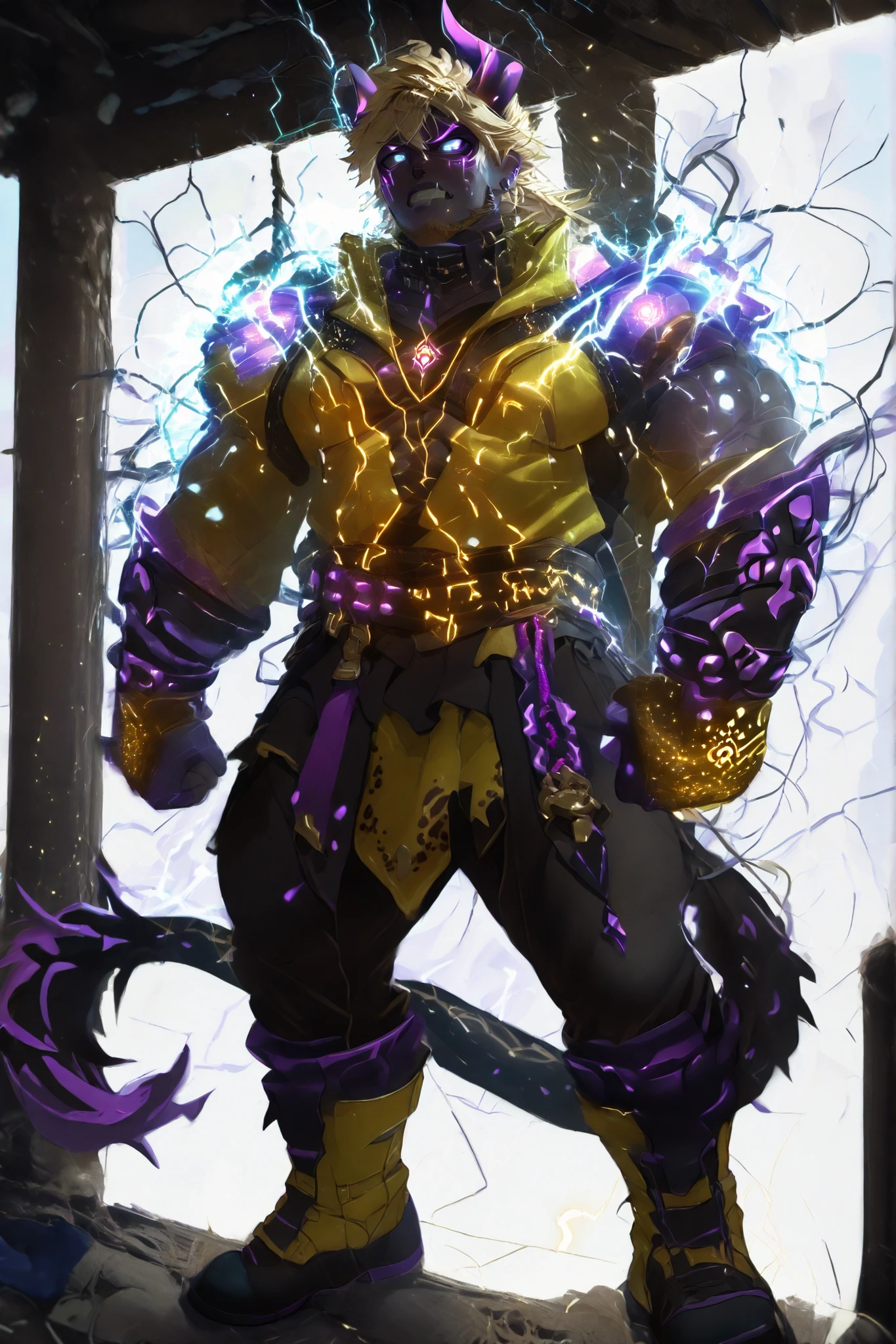 Lightning ball,,Blue eyes, glowing eyes,,Blue theme,,1boy, solo,,Ligmagmb, electricity, lightning, glowing,,Neon Henna Tattoo,The stylish character with dark gray skin and bright purple eyes、 dark, texture background.  dark skirt , bright blond hair accented with prominent fringes,  and 、bright purple horns protrude from the sides of the head, for、matching purple face markings and ear details. wears a bright outfit composed of a black and leopard print top purple trim, Black leggings with high exposure underneath、fluffy yellow shoulders The piece is accented. flowing, Clothes like olive green and yellow skirts、waist are tightened with dark green sashes, revealing black leggings underneath. キャラクターの手首for紫色のブレスレット,  and 、wears yellow and white striped socks wearing bright purple and yellow boots.