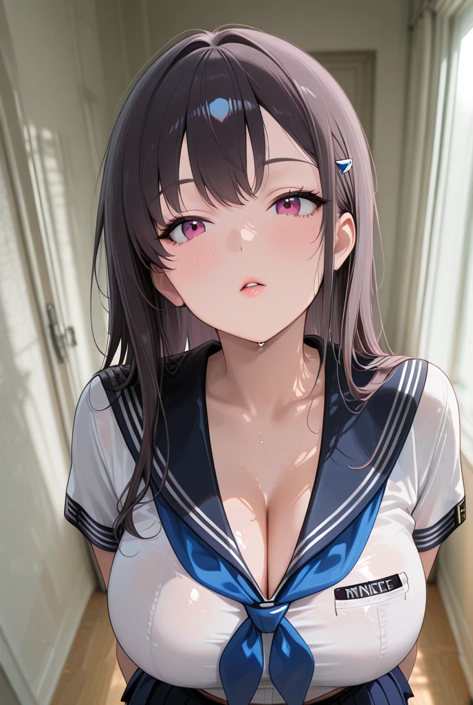 (8k, RAW photo, best quality, masterpiece, soft cinematic lighting, soft color:1.4),(POV,from above:-0.0),(from below,ceiling:-0.0),( looking at camera:1.5),(beautiful eyes focus,Close-up beautiful eyes:1.5), (realistic:1.2), (dark old japanese room,yukaku,flower picture background:1.6), (solo, mature woman,19years old,super beautiful face,super detaild beautiful eyes :1.5), (sailor uniform,low-cut :1.3),(show off :0.5), (embarrassed,red Cheeks:1.25),long hair, {{slicked back hair}}, white blonde color hair, clean skin, (smaller butt:0.5),(coverd :0.8),(sagging huge long wide heavy breasts,puffy :1.5),(under boob:1.7), (thick, curvy:1.3),(very skinny:1.5),(temptation pose:1.7),(open mouth:1.1),(kneeling:-0.0),