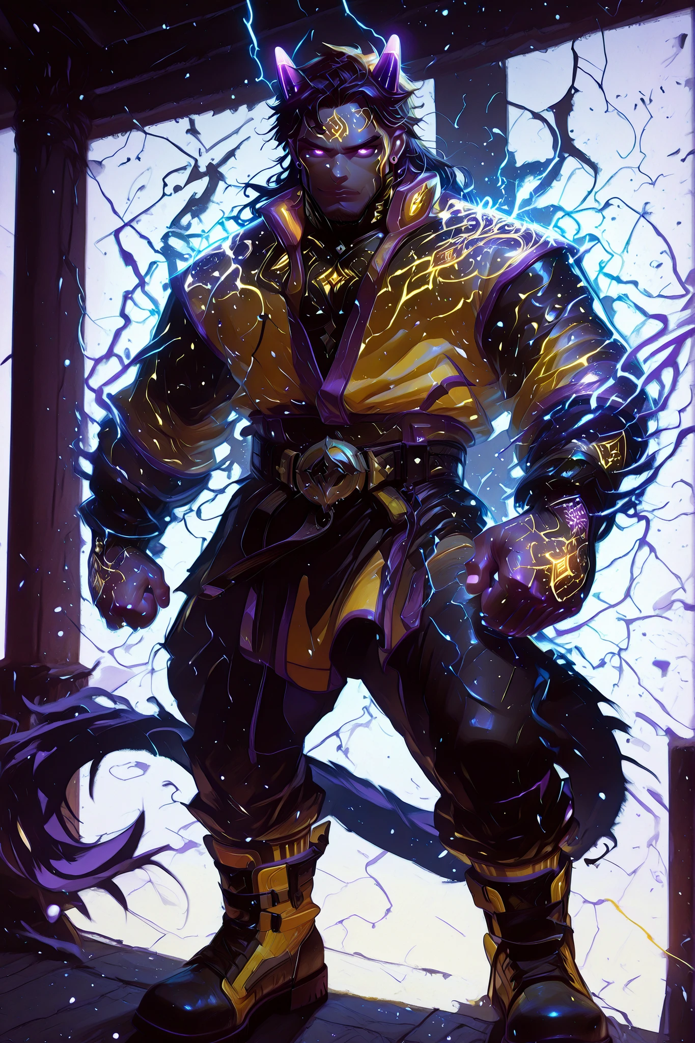 Lightning ball,,Violet eyes, glowing eyes,,Violet theme,,1boy, solo,,Ligmagmb, electricity, lightning, glowing,,Neon Henna Tattoo,The stylish character with dark gray skin and bright purple eyes、 dark, texture background. dark skirt , bright blond hair accented with prominent fringes, and 、bright purple horns protrude from the sides of the head, for、matching purple face markings and ear details. wears a bright outfit composed of a black and leopard print top purple trim, Black leggings with high exposure underneath、fluffy yellow shoulders The piece is accented. flowing, Clothes like olive green and yellow skirts、waist are tightened with dark green sashes, revealing black leggings underneath. キャラクターの手首for紫色のブレスレット, and 、wears yellow and white striped socks wearing bright purple and yellow boots.