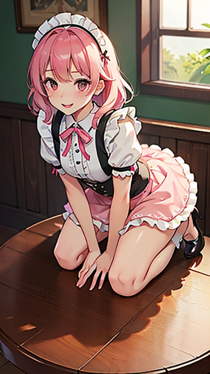 young girl with pink hair long twin-tail hairstyle, small thick eyebrows, with gothic lolita clothes,  (Zankuro) drawing style of the zankuro artist, Zancrow style, image uploaded to R34, walking in the mall, flirty smile , suddenly  in public,   , ((public  in restaurant))