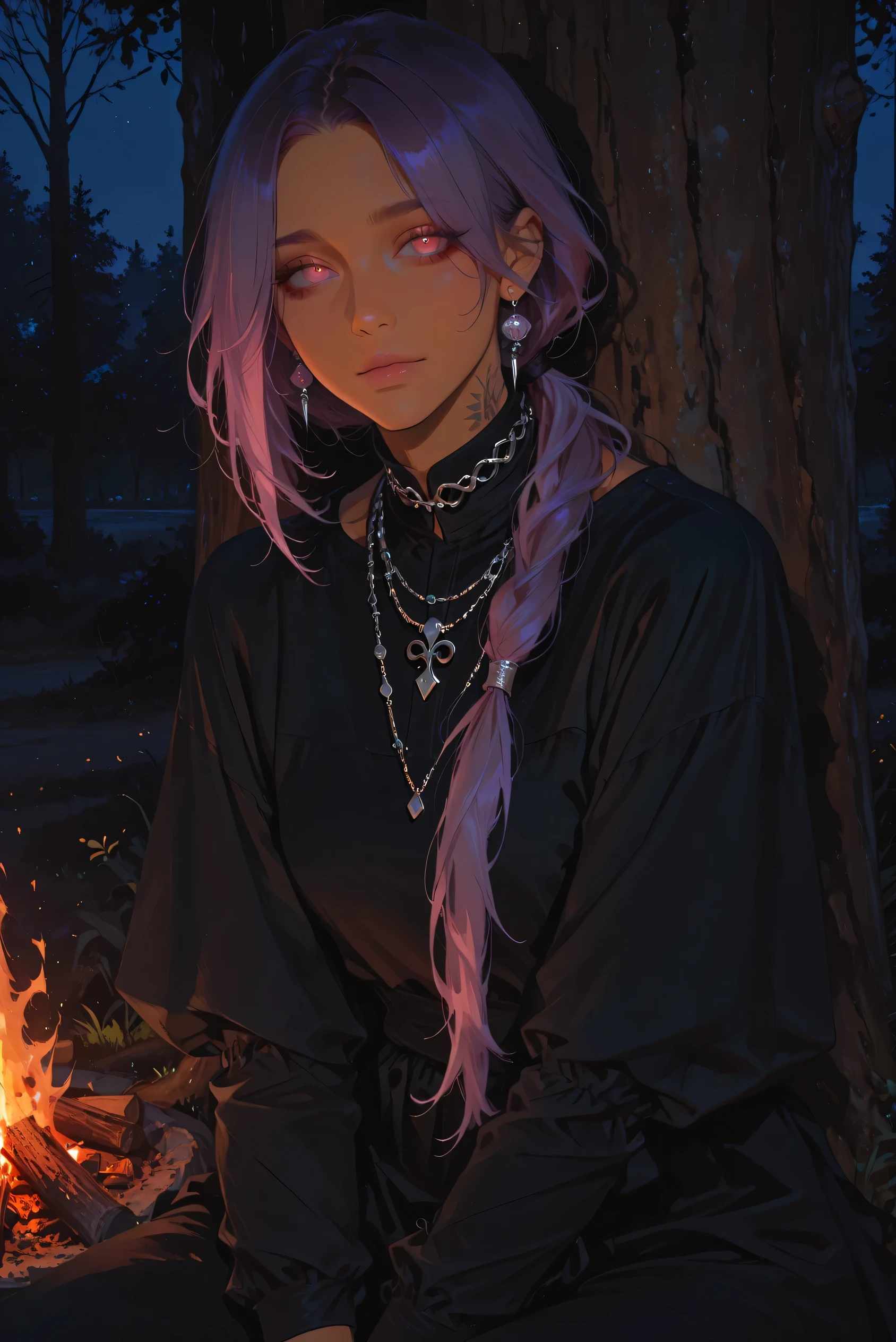 anime style, anime coloring, 8k, HDR, extremely detailed face and eyes, beautiful face and eyes, solo, beautiful, cool, masterpiece, top quality, great
quality, pose, background, highres, matte colouring, flat colouring, matte skin, 1girl, young woman, tan skin, brown skin, purple hair, pink eyes, low ponytail, loose lock on right temple, parted hair, centre parted hair, minimalistic jewellery, layered jewellery, multiple chains on neck, silver jewellery, simple pendants, long sleeves, fitted sleeves, plain dress, fitted dress, modest dress, black dress, simple dress, dress hides body completely, silver earrings, calm expression, night, sitting under tree, bonfire lighting, pants under dress, black pants