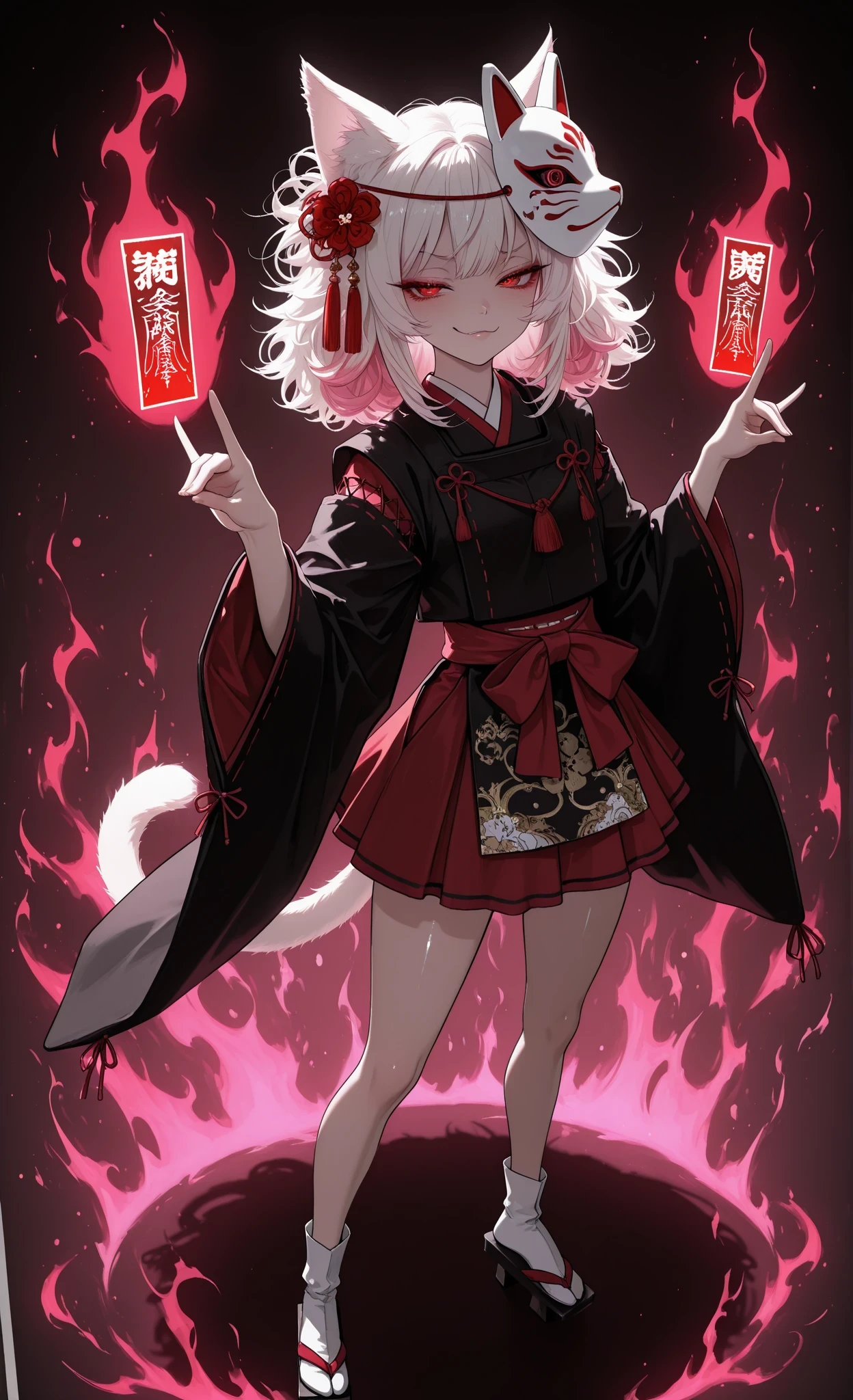 solo, 1girl, cat girl, cat ears, cat tail, fluffy hair, medium hair, (multicolored hair, white hair, pink hair), (red eyes, smug), kanzashi, fox mask on head, kariginu, japanese clothes, miniskirt, red skirt, tabi, geta, ofuda, aura, shadow puppet, character focus, (highly detailed), shiny skin, intricate, vivid eyes, detailed eyes, long eyelashes, beautiful eyes, beautiful face, beautiful hair, enhanced details, smooth skin, soft lighting,