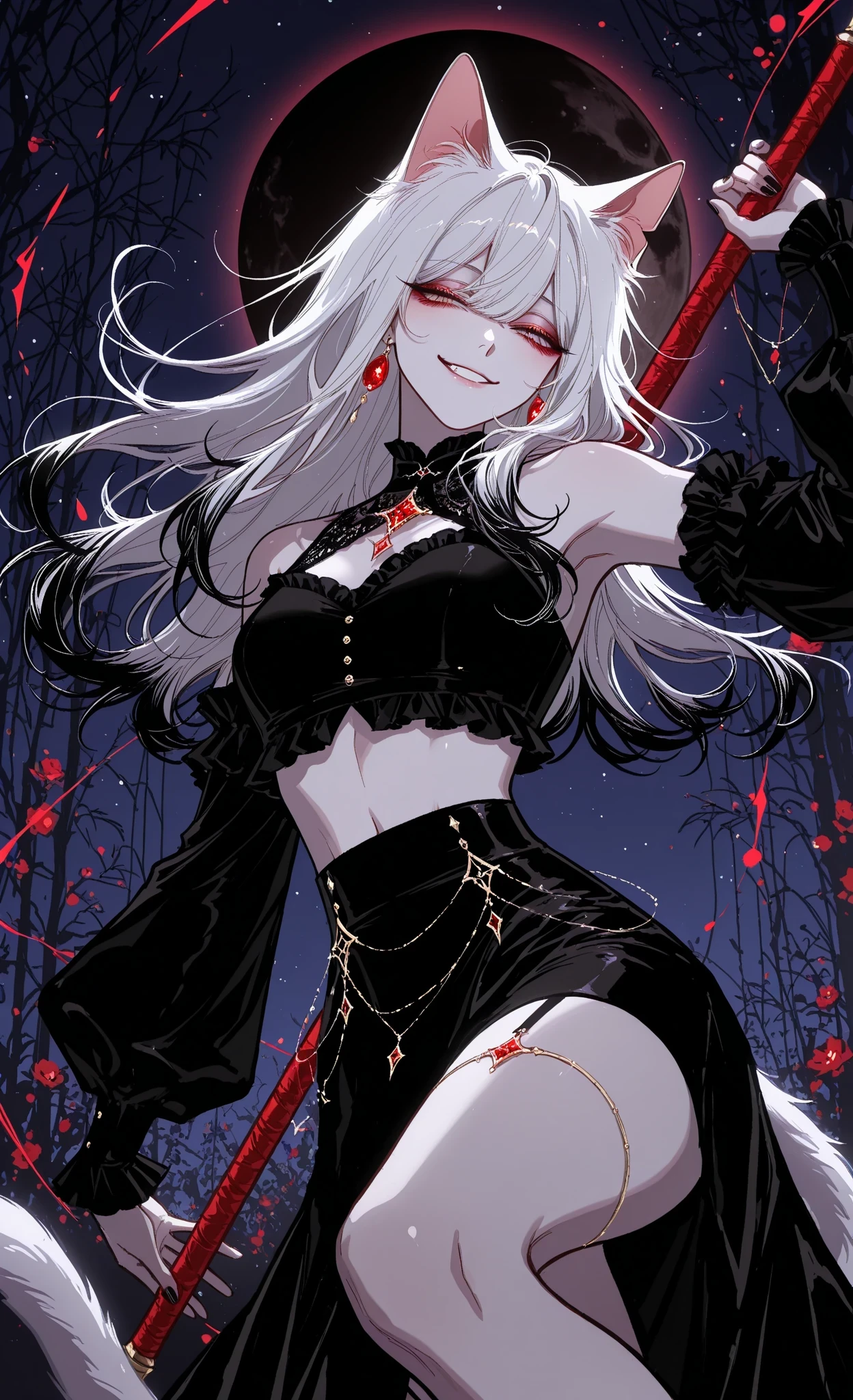 (masterpiece, best quality, ultra-detailed, absurdres, intricate details, sharp focus), hotatenshi, sheya, noriuma, bombyoon, shine, nama udon, catsubun kkst0904, rikuwo, huangdanlan, jane mere, otonoha aika, night, full moon,
1girl, abstract background, crop top, skirt, earrings, grin, smirk, fang, dynamic pose, cat girl, cat ears, cat tail, colored tips, white hair, black tips, swinging weapon, detailed eyes, detached sleeves, frills, anime girl, solo, luxurious clothes, beautiful jewelry, sophisticated look, soft light, shine, masterpiece, ultra detailed, looking at viewer