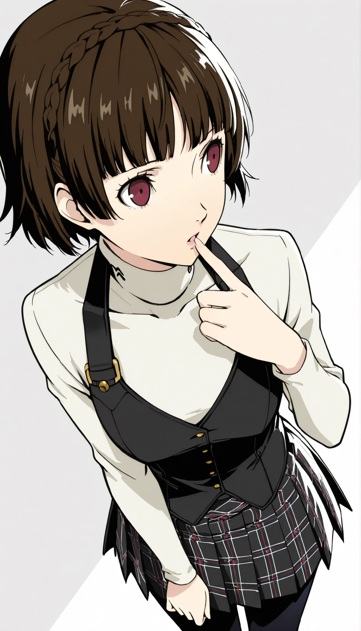 { score_9, score_8_up, score_7_up, } { { } } { masterpiece, high quality, best quality, highres}
BREAK
[ (Persona 5)_Artstyle_LoRA : simple_colouring_style_LoRA : hentai_Artstyle_Lora :   : NSFW ,  ]
BREAK
[ solo, 1girl, p5makoto, niijima makoto, brown hair, blunt bangs, crown braid, closed eyes,
p5makoto-winuni, white turtleneck, long sleeves, black vest, halter neck vest, pleated plaid skirt, pantyhose, ] [ young,  perfectly fit body, , medium breast ] [  sweet smile, :o face, thinking look, looking away, finger on lips ]
BREAK
[ White background , blank background, alone ]