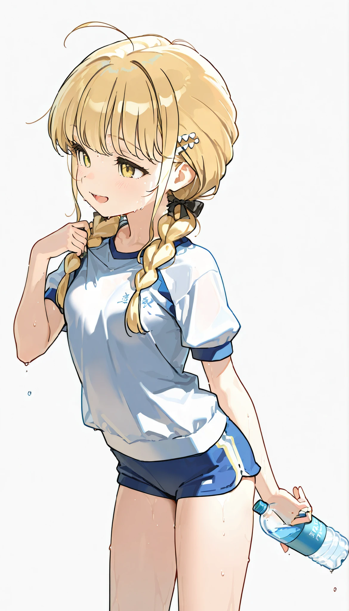 { score_9, score_8_up, score_7_up, } { { } } { masterpiece, high quality, best quality, highres}
BREAK
{ (Gakkou no Kaidan)_Artstyle_LoRA : : hentai_Artstyle_Lora : Retro_anime_Artstyle_LoRA : NSFW , }
BREAK
{ 1girl, solo, 1girl,solo,blonde hair,braid,twin braids,yellow eyes,twintails,low twintails,ahoge,hair bow,, school gym outfit , white and blue outfit}{ young , perfectly slender body, , small breast : } { smile, open mouth, holding water bottle, 1 bottle, sweating, standing, exhausted}
BREAK
{ Blank background, white background : alone } }