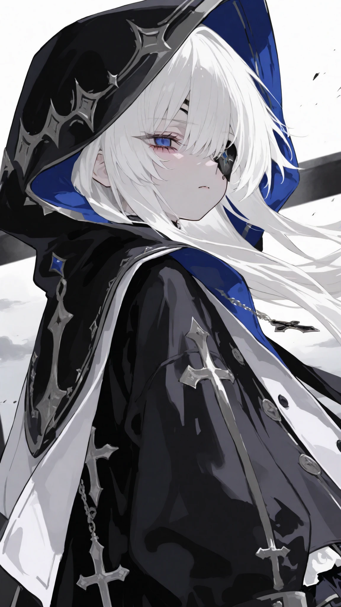 Regent Shape,little girl,white hair,long hair,blue eye,Black Coat,eye patch eye,Hooded Coat,cute,Idol Skirt ,Black Tights,The windแรง, serious face,Black Skirt,Gothic Coat,Cross Necklace,Black Outerwear,sky,The wind,Upper Body Shape, Looking at the view,White Coat Edge,14 years old,พื้นหลังskyสีขาว, serious, Black Standalone Hood,Look Back,background color,Golden corner on the side, low vision
