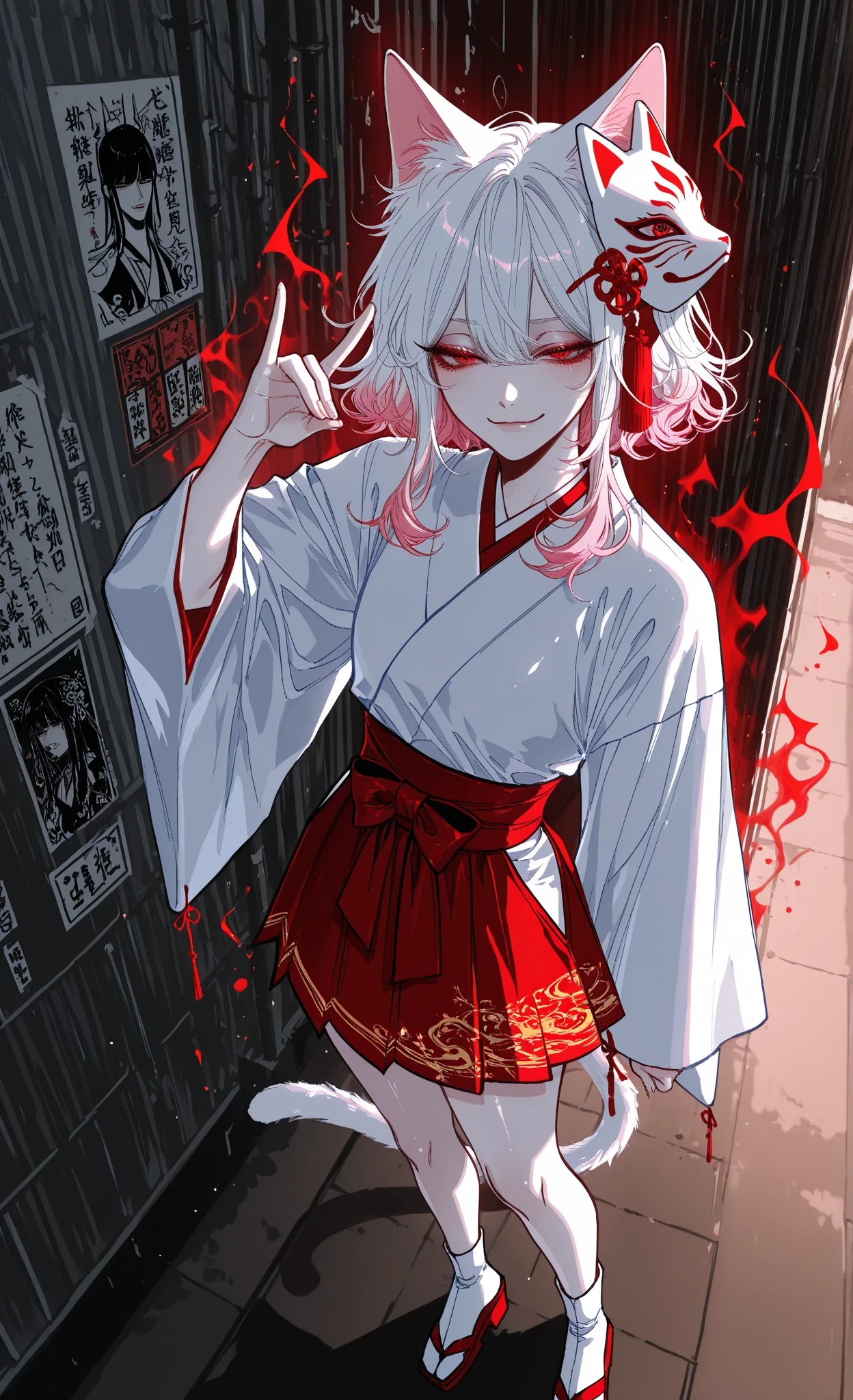 (masterpiece, best quality, ultra-detailed, absurdres, intricate details, sharp focus), hotatenshi, sheya, noriuma, bombyoon, shine, nama udon, catsubun kkst0904, rikuwo, huangdanlan, jane mere, otonoha aika,
solo, 1girl, cat girl, cat ears, cat tail, fluffy hair, medium hair, (multicolored hair, white hair, pink hair), (red eyes, smug), kanzashi, fox mask on head, kariginu, japanese clothes, miniskirt, Tokyo Alley, red skirt, tabi, geta, ofuda, aura, shadow puppet, character focus, (highly detailed), shiny skin, intricate, vivid eyes, detailed eyes, long eyelashes, beautiful eyes, beautiful face, beautiful hair, enhanced details, smooth skin, soft lighting,