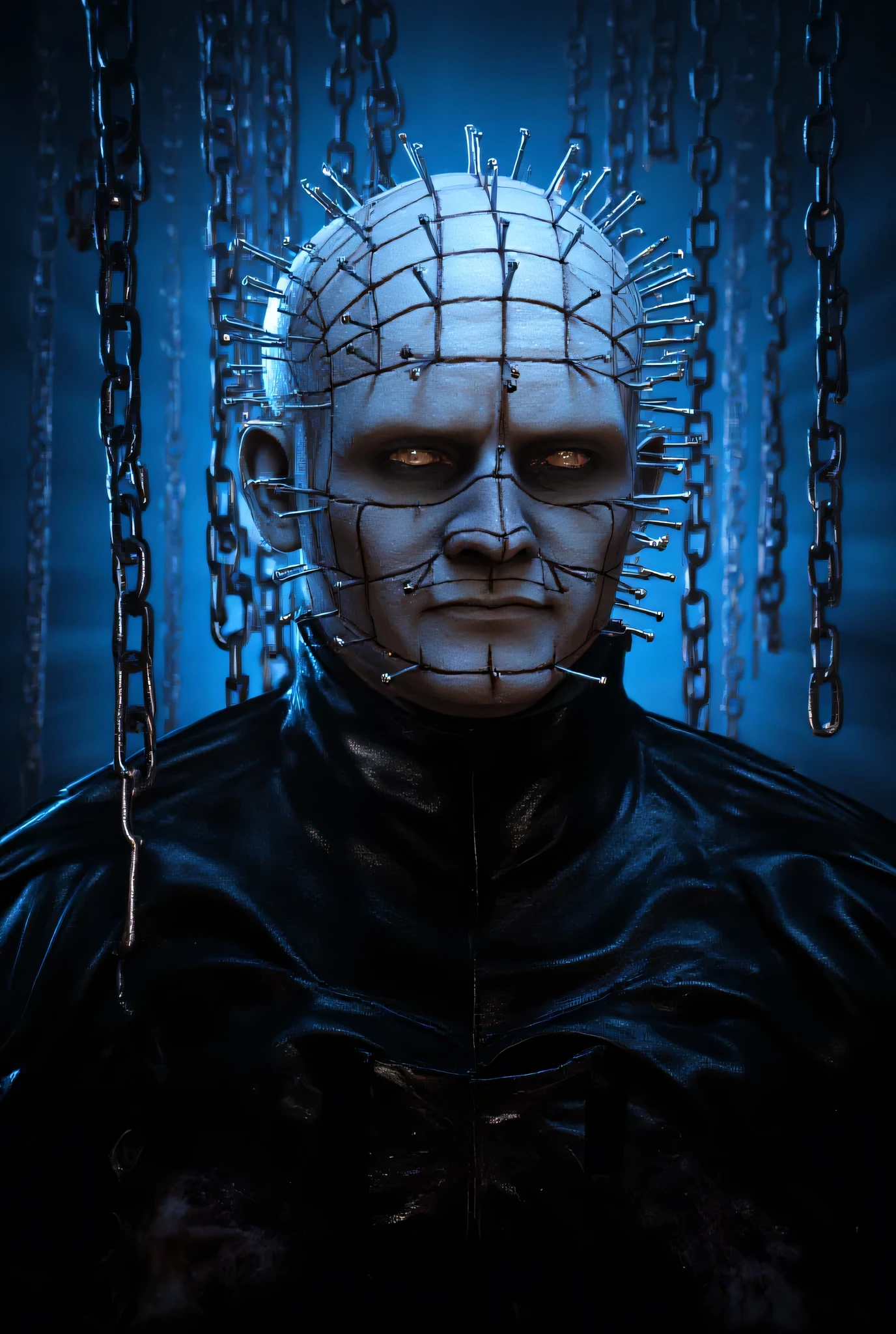A close-up portrait of Pinhead emerging from swirling darkness, his face a perfect arrangement of gleaming pins driven into bloodless white flesh. His eyes hold ancient wisdom and terrible purpose as chains with hooks float around him like metallic tentacles. His leather vestments are intricately detailed with symbols of pain and pleasure. The background reveals glimpses of the Labyrinth dimension - impossible architecture of bone, metal and sinew bathed in unnatural blue light. Blood trails form elaborate patterns in the air, suspended in time. Extreme detail, photorealistic horror, surreal lighting highlighting the macabre beauty in suffering, authentic to Clive Barker's artistic vision.