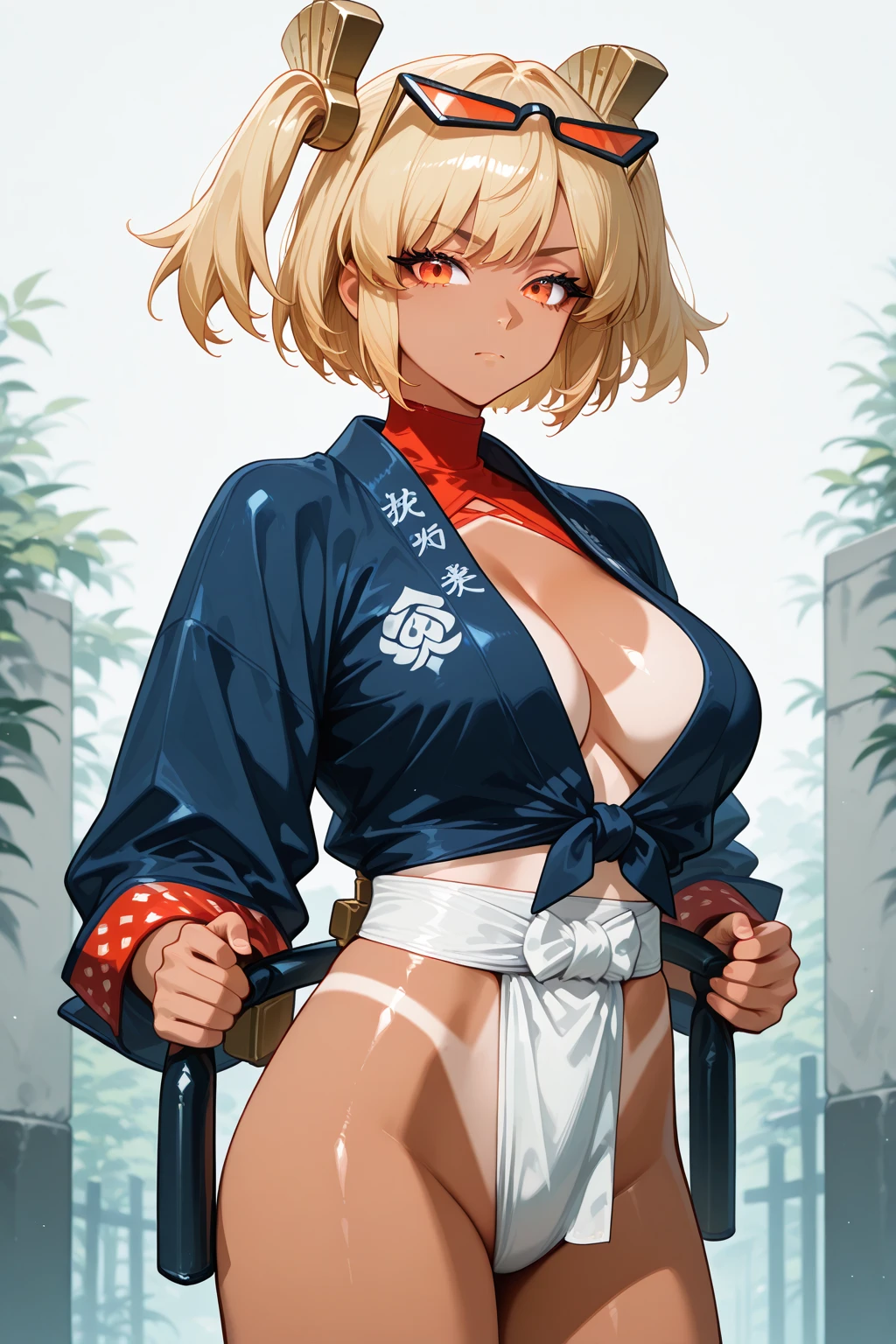 chisatonishikigi, nishikigi chisato, short hair, bangs, Blonde, (Red eyes:1.5), hair ribbon, One side up, Bobcut, Uniform sake,,
break outdoors, city,
break looking at viewer, break (masterpiece:1.2), highest quality, High resolution, unity 8k wallpaper, (figure:0.8), (Beautiful fine details:1.6), Highly detailed face, Perfect lighting, Highly detailed CG, (Perfect hands, Perfect Anatomy),、Belly button、Thighs、Big Breasts