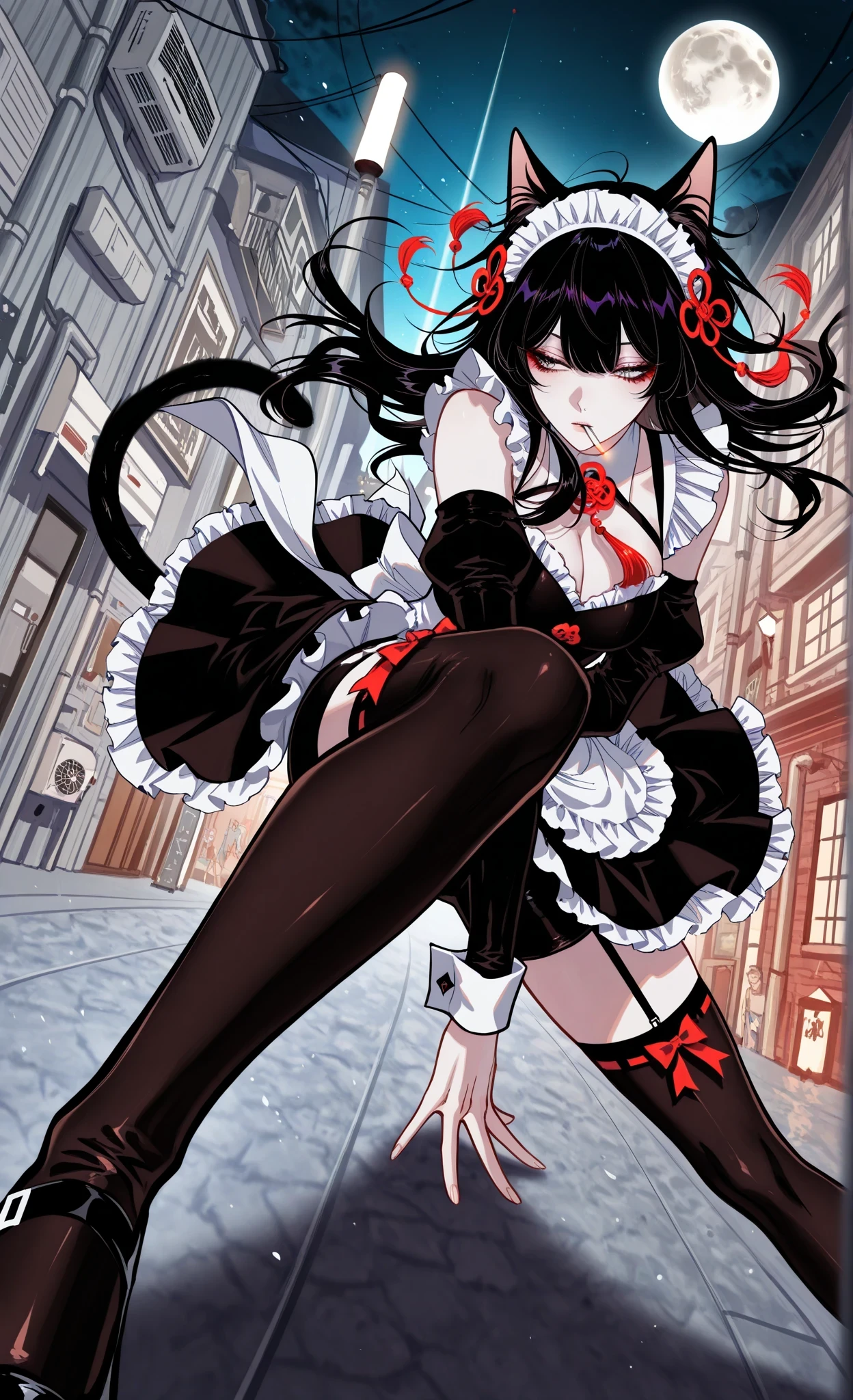 (masterpiece, best quality, ultra-detailed, absurdres, intricate details, sharp focus), hotatenshi, sheya, noriuma, bombyoon, shine, nama udon, catsubun kkst0904, rikuwo, huangdanlan, jane mere, otonoha aika, night, full moon,
1girl, solo, cat girl, cat ears, cat tail,
long hair, maid, maid headdress, smoking, cigarette, squatting, sitting, bike shorts, ribbon thighhighs, bare shoulder, detached sleeves, frilled maid outfit, black hair, air conditioner outdoor unit, alleyway,
(((dynamic pose, dynamic angle))),
