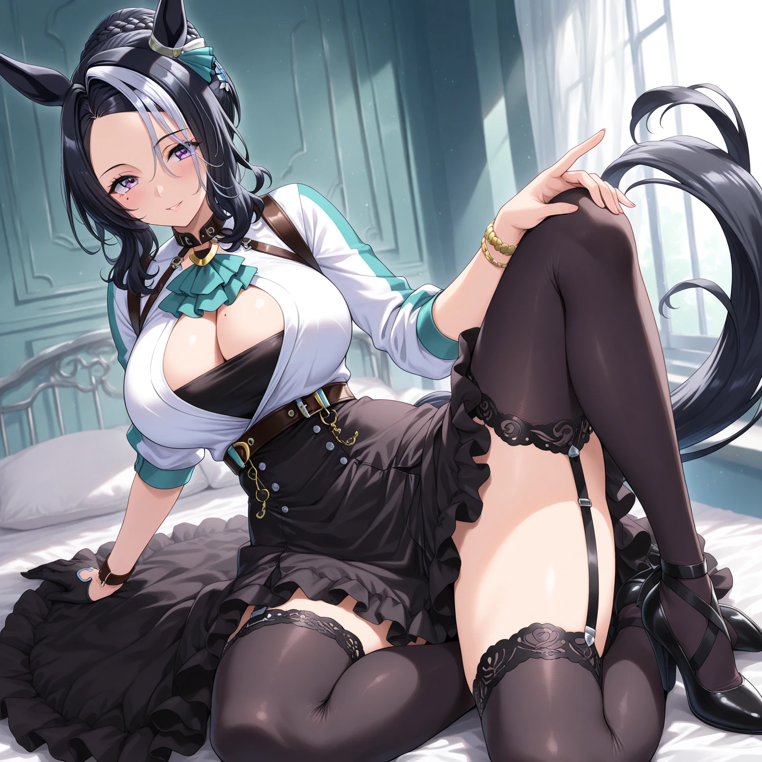masterpiece,best quality,s1girl, no_shoes, animal_ears, thighhighs, cat_ears, black_hair, tail, cat_tail, blue_eyes, feet, twintails, multicolored_hair, solo, blush, long_hair, breasts, looking_at_viewer, flower, sitting, green_hair, black_thighhighs, hair_ornament, toes, bangs, petals, bare_shoulders, soles, garter_straps, indoors, large_breasts