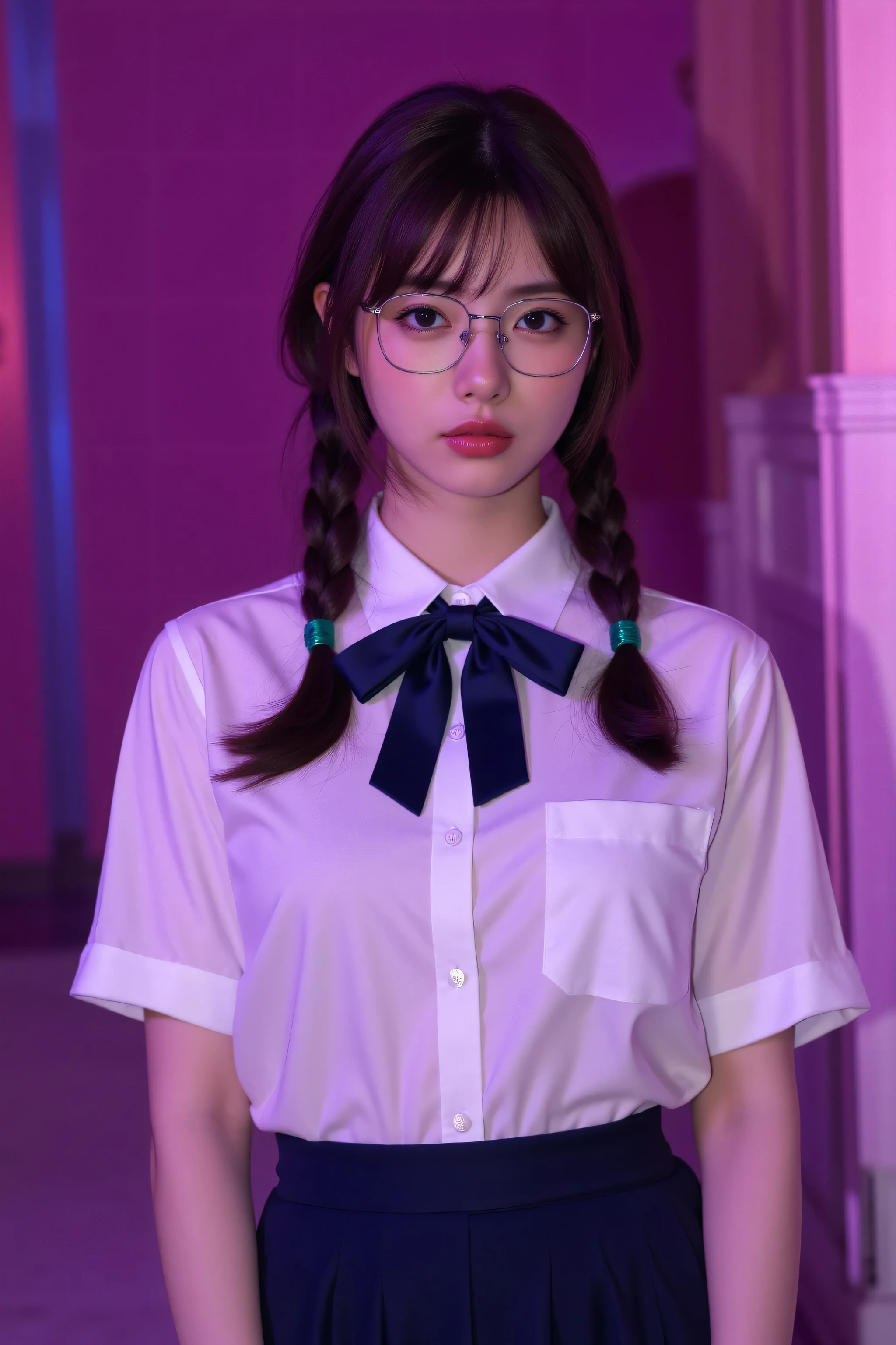 ( best masterpiece、 top quality、 winning works )、(1 high school girl:1.1)、(A petite girl with narrow shoulders:1.8)、(twin tail hair with long braids in a low position:1.8)、(big breasts:1.2)、(plain and thick-rimmed glasses:1.4)、(accentuates body line:1.2)、(polyester white collared shirt :1.5)、tight very thin waist、navy pleated skirt、(A large navy butterfly bow perfect for the neck:1.4)、(Bust up photo:1.3)、perfect portrait photo、 Bright, beautiful skin from above 、standing gracefully、( purple and pink obscene luxury bedroom background :1.3)、( purple and pink moody lamp lighting :1.5)、(tyndall effect:1.2)、(very moody and romantic pink and purple lighting:1.2)、big boobs、very white skin、tyndall effect、makeup、perfect and beautiful face in light fog、clearly depicts beautiful facial details、(Looking up at me :1.5)、(Looking up with a sad expression:1.5)