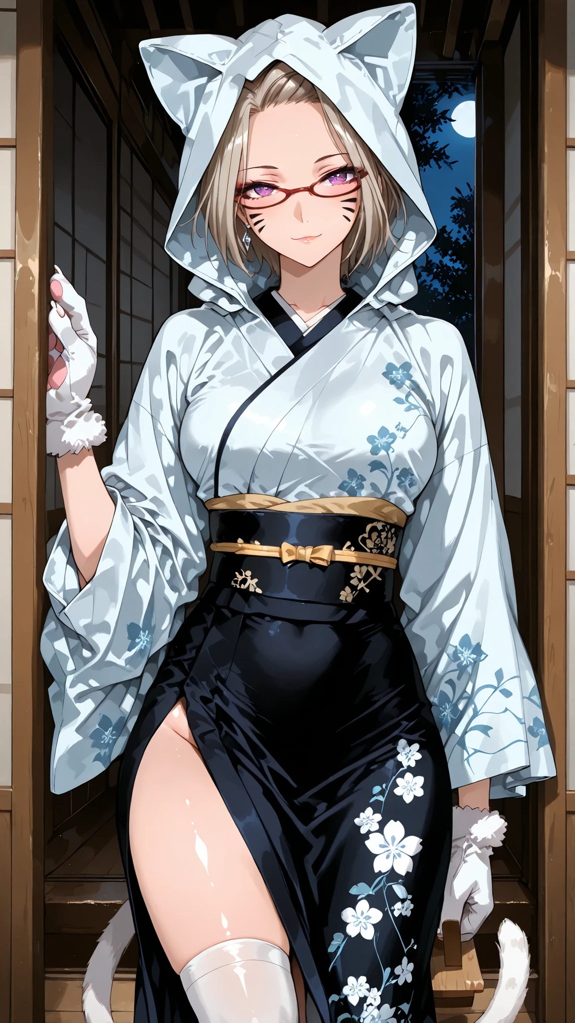 solo, tomoe (accelerando), purple eyes, brown hair, short hair, glasses, mature woman, Tight waist、Small waist、shiny Skin , (upper body), sexy, (adult woman, 25+), score_9, score_8_up, score_7_up, source_anime,(extremely detailed CG), (best quality), platinum blonde hair, Japanese cat yokai costume, supernatural feline spirit wandering at night, traditional kimono with cat ear hood, long flowing sleeves, tattered hem, midnight blue and black fabric, ghostly white accents, cat tail attachment, split-toe tabi socks, wooden geta sandals, glowing eyes makeup, whisker face paint, sharp claw gloves, moonlight aesthetic, eerie and mystical appearance, traditional Japanese yokai style