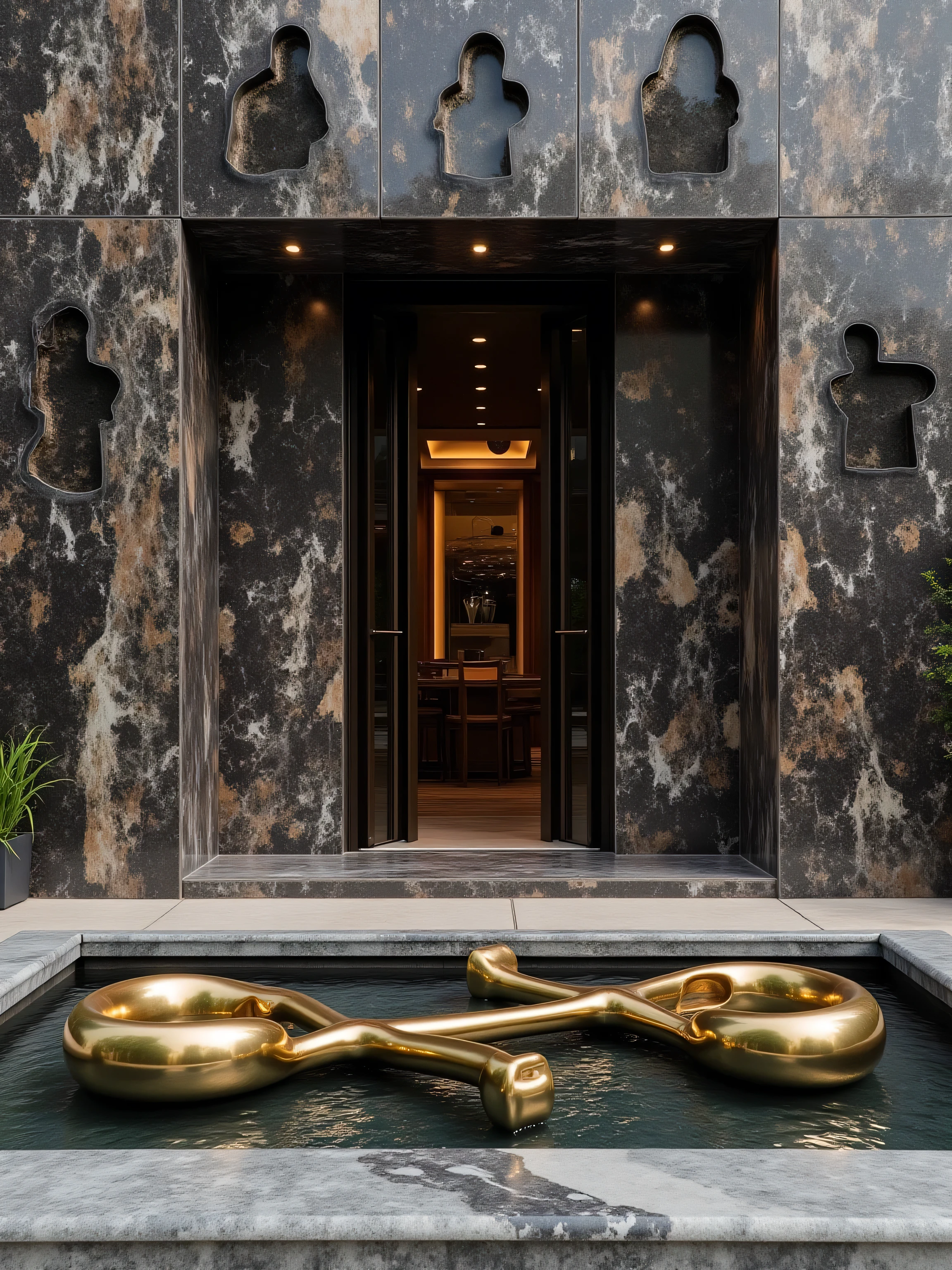 It is a wide angle image taken outside of a large library made of onyx with dark veins of grey marble, there are five silhouettes of men and women engraved into the wall of the library, there are polished brass sculptures representing infinity and courage in the reflecting pool outside of the libraries front doors