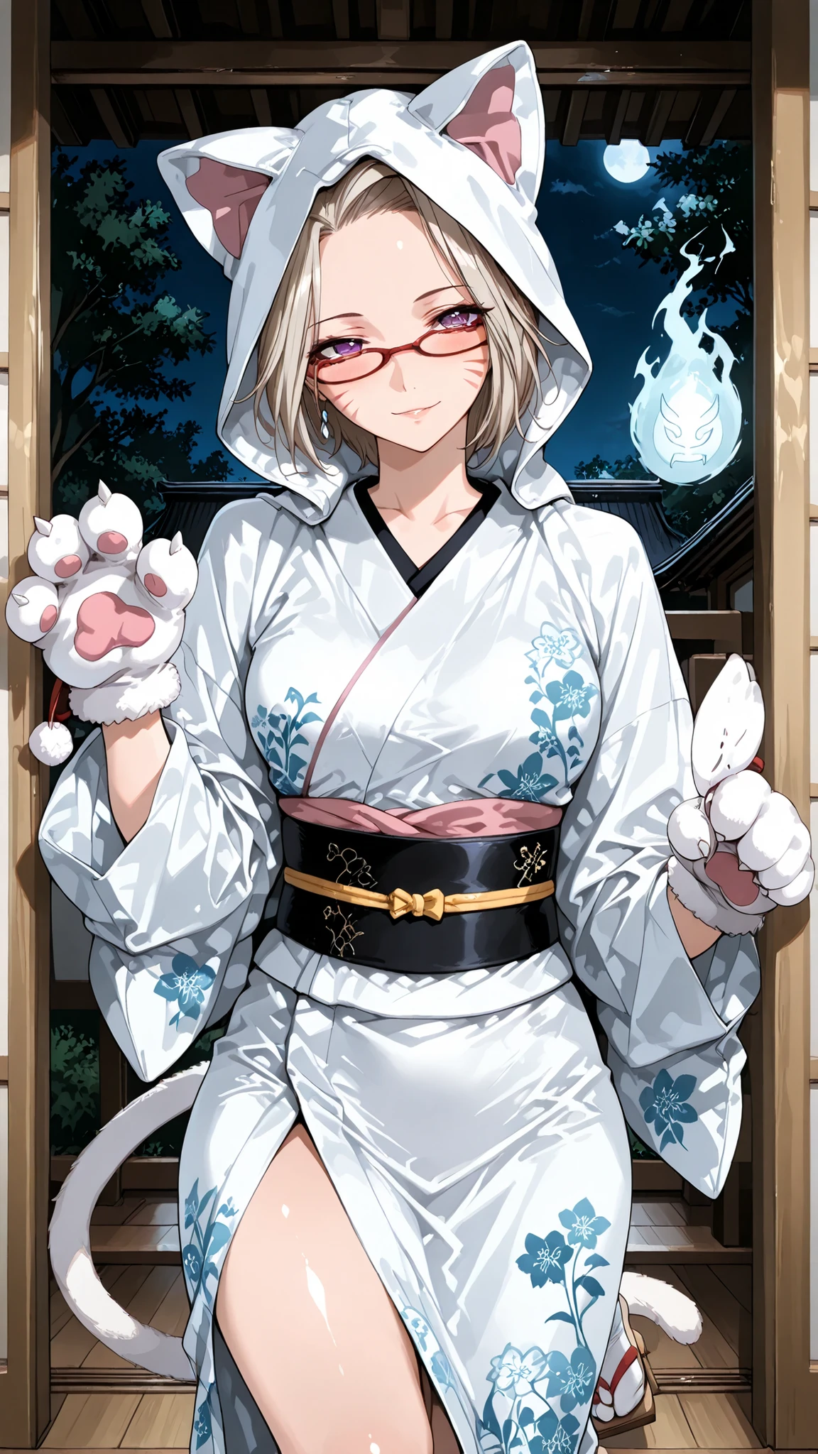 solo, tomoe (accelerando), purple eyes,growing eyes, brown hair, short hair, glasses, mature woman, Tight waist、Small waist、shiny Skin , (upper body), sexy, (adult woman, 25+), score_9, score_8_up, score_7_up, source_anime,(extremely detailed CG), (best quality), platinum blonde hair, Japanese cat yokai costume, supernatural feline spirit wandering at night, traditional kimono with cat ear hood, long flowing sleeves, tattered hem, midnight blue and black fabric, ghostly white accents, cat tail attachment, split-toe tabi socks, wooden geta sandals, glowing eyes makeup, whisker face paint, sharp claw gloves, moonlight aesthetic, eerie and mystical appearance, traditional Japanese yokai style
