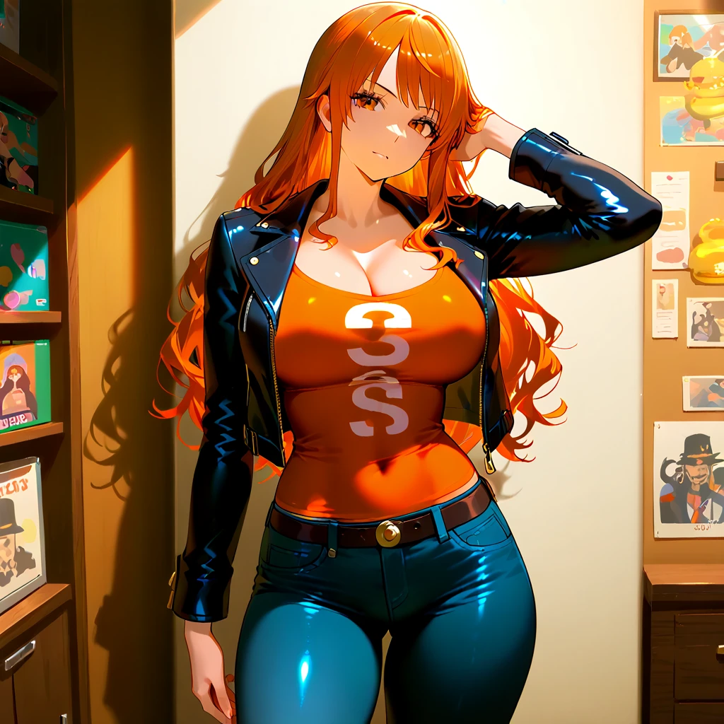 (bestquality,masterpiece) ,NamiOP, jewelry, smile, cleavage, earrings, bracelet, navel, short pants, jeans, :d, groin, holding, closed_eyes, standing, blue_pants, blurry_background, solo_focus, blurry, food, fruit, orange_\(fruit\), holding_food, holding_fruit, mandarin_orange, ((jacket)), eyes open, ((open eyes)), look at viewer, face at viewer, orange hair,