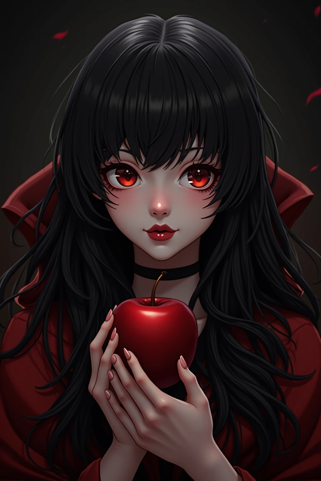 ((RAW photos)，Absurd，(Absurd分辨率))，masterpiece，Best quality，(Extremely Detailed 8k Unity CG Wallpaper)，(Best Illustration)，(best shadows)，Realistic lighting，Beautiful and Detailed Brilliance，((21yo))，girl，longblackhair，Black Queen，accessories for girls，Handheld Apple，Poison apples，Queen of Witches，Red Lipstick，(((Her Photographic Perspective)))