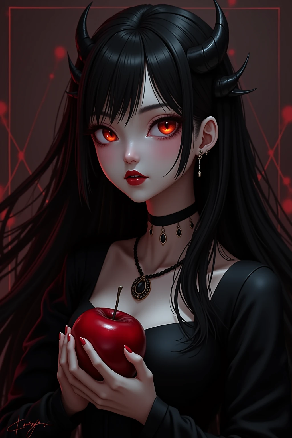((RAW photos)，Absurd，(Absurd分辨率))，masterpiece，Best quality，(Extremely Detailed 8k Unity CG Wallpaper)，(Best Illustration)，(best shadows)，Realistic lighting，Beautiful and Detailed Brilliance，((21yo))，girl，longblackhair，Black Queen，accessories for girls，Handheld Apple，Poison apples，Queen of Witches，Red Lipstick，(((Her Photographic Perspective)))