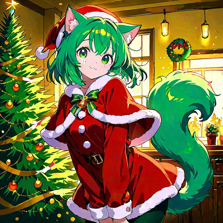 (masterpiece, best quality:1.2), 1girl, solo,momo, green hair, cat ears, green tail, (christmas theme:1.0)
medium-length hair, fluffy tail, anime style