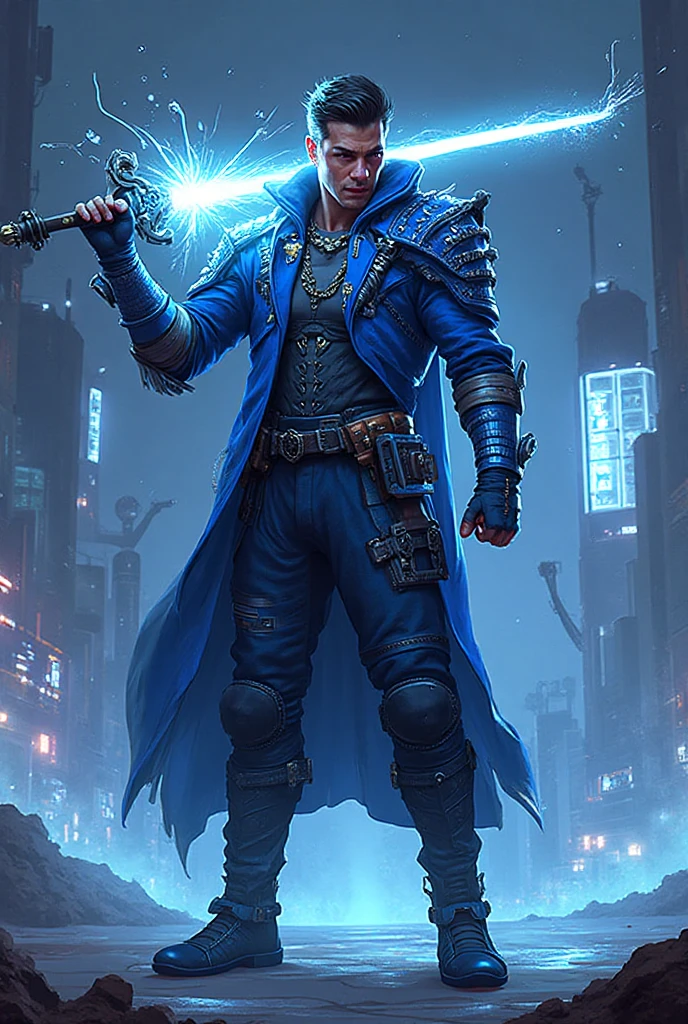 gloomy portrait of Captain Cold from DC, extremely detailed, futuristic cityscape, nighttime, glowing neon lights, smoke, sparks, metal shavings, flying debris, blue energy effects, volumetric light