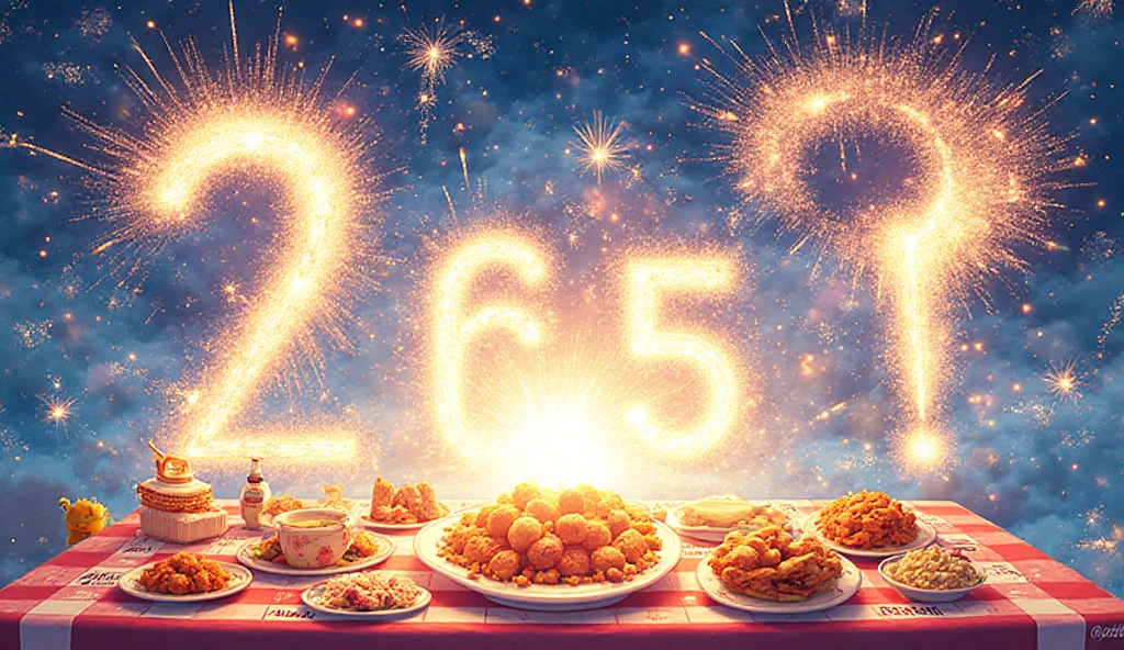 Bright, festive sky with fireworks, that explode in the form of numbers “5", “Test”, “Passed!». Food table (stylized). Inscription in Russian and there should be several, not one big.