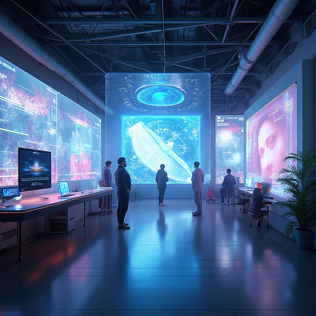 AI creative studio with holographic screens showing realistic images ...