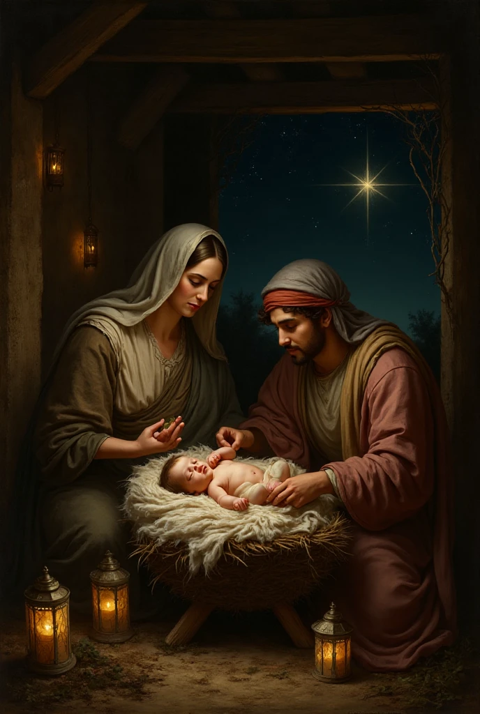 Retrato moderno do nascimento de Jesus, Mary Joseph and Jesus, cinematic lighthing, profundidade de campo, Bokeh, Realismo, fotorrealista, hiper-realismo, fotografia profissional, UHD, DSLR, HDR