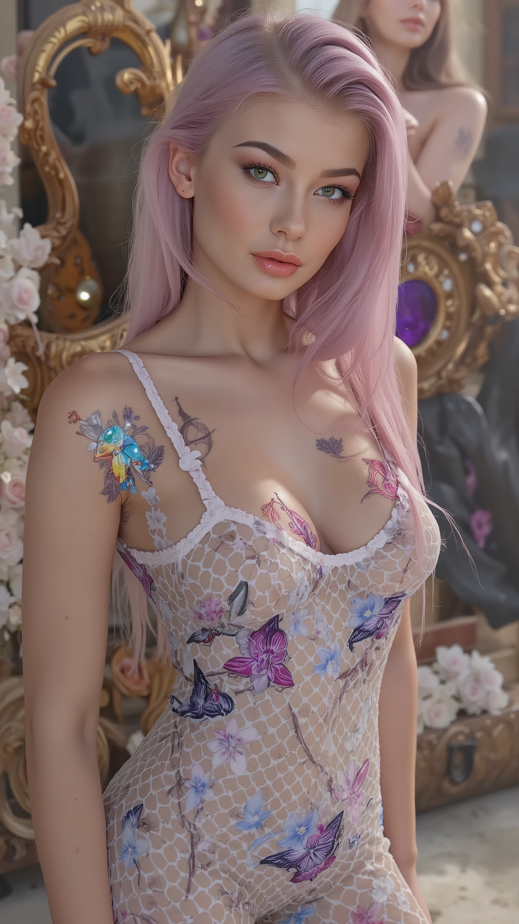  realistic (photorealistic Realism) , (Key Directive: - "The priority is the anatomical accuracy and texture of the materials" - "Ultra-sharp human eyes with biological accuracy"), (ultra realistic texture details: velvety skin, hair), (pink hair (long hair:1.21)(slicked to one side), intricately detailed:1.44), long Lashes: individual synthetic fibers (crosshatched roots:1 . 2 , clump-free separation), [(Carefully draw Long mascara:1.22) [perfect dark-purple eyeshadow:1.2][glossy orange lipstick:1.3], professional Magic Makeup on eyes:1.3, perfect composition]. Eyes (acid-resistant terminology) (macro-details:1.5): * Moist corneal surface (visible aqueous layer:1.2) * Hyper-detailed iris eyes (brown with orange sparkles) * Precise limbal ring (slightly darker pigmentation:1.3) * Pupil micro-texture (irregular edge authenticity:0.9) * Vasculature in sclera (subtle blue veins radiating from limbus) | Technical Specs: Optics: - Zeiss Otus85mm f/1 . 4 lens "(eye refraction calculations:1 . 22)" - Shutter Speed:1/500 "(freeze eye micro-movements)" - (Focus Stacking:"7-point coverage on iris plane") (Avoid: "pupil distortion , uncanny valley asymmetry , plastic-like wetness"). A dress a beautiful girl with a perfect figure in something nice , made of available materials ["BDSM latex outfit , laced extremely detailed"] , [("white fishnet stocking:1 . 4")], A well-drawn fairy tale, beautiful princess, , a fairytale-like picture , Detailed description, A well-drawn fairy tale, Vivid expression , Detailed facial features, Luxurious Outfit, colorful jewelry, graceful posture, Fantastic Backgrounds, magical atmosphere, Sophisticated contrast treatment, Detailed texture expression, Precision drawn with expert craftsmanship, HDR effect, Professional lighting, Studio quality, Detailed texture expression,(Rendering engine: "Unreal Engine 5 path tracing, 16K texture maps") }
