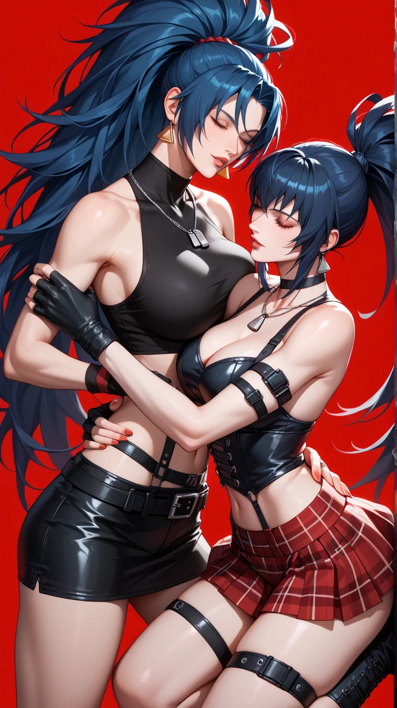 girl with many blue and red capsules floating, slight smile, red eyes, very pale skin, black hair.