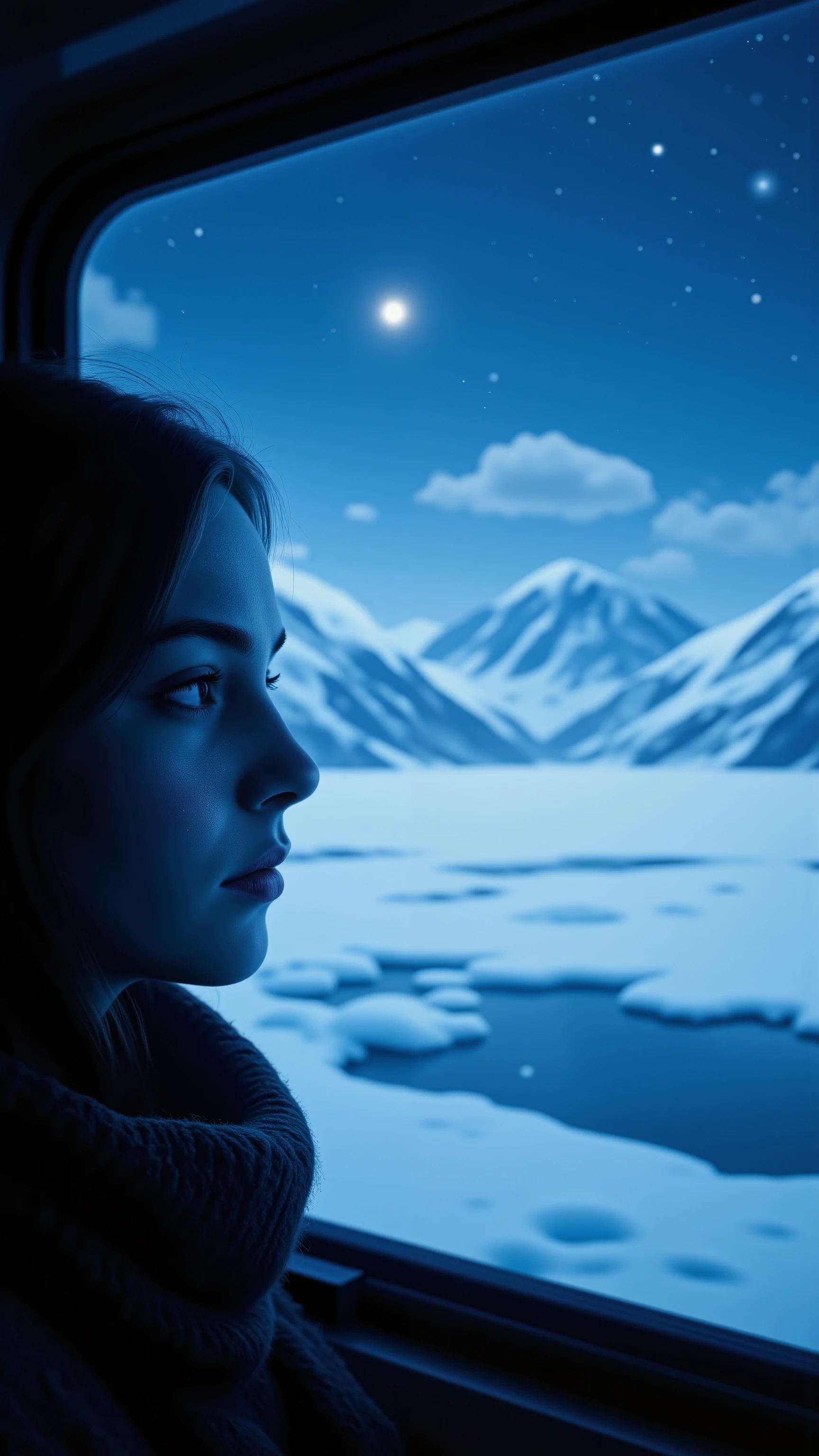highdefinition picture、Trans-Siberian Railway 、Railway that runs through frozen Siberia、A woman looking at the earth in the middle of the night from the train window
