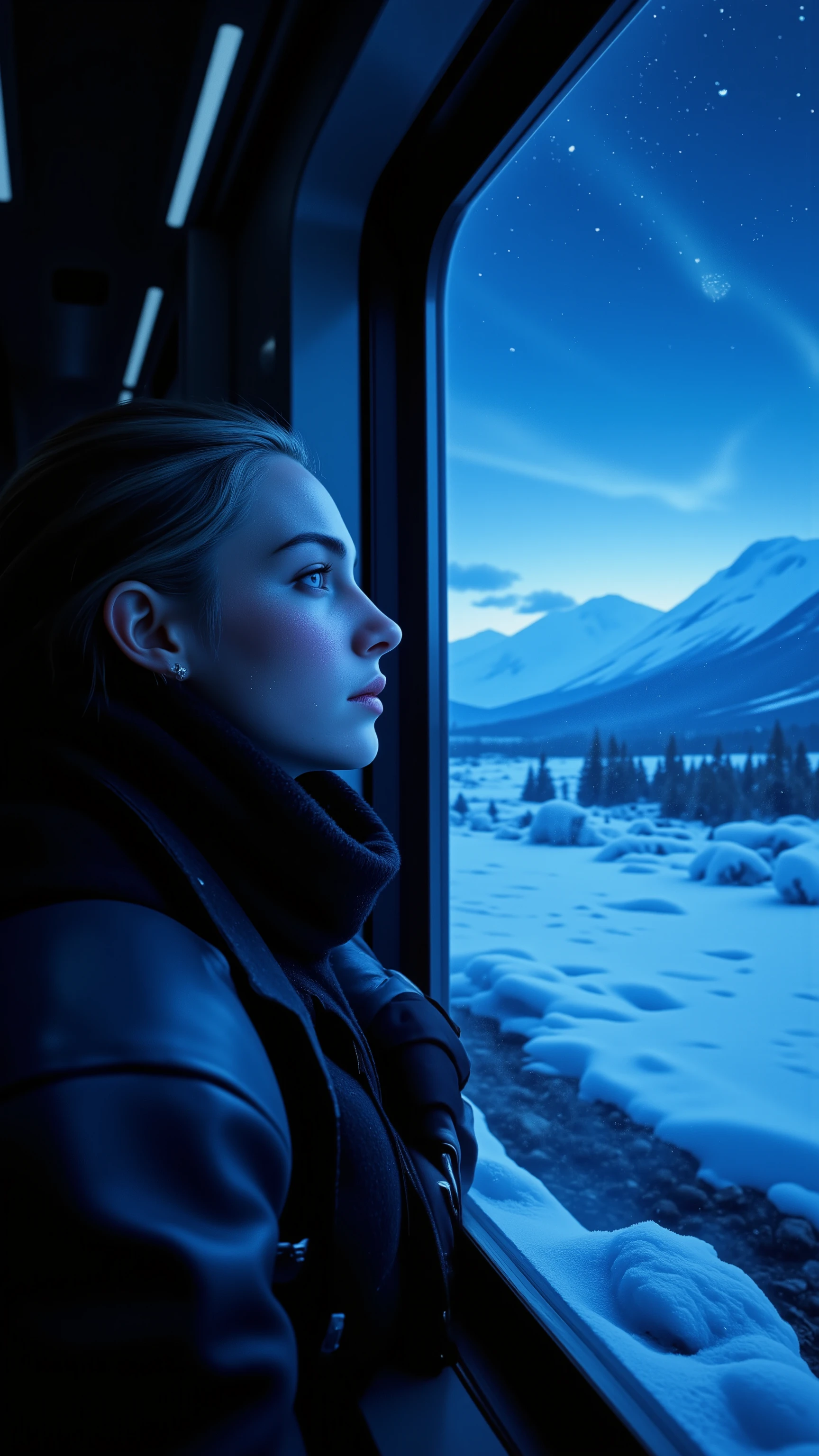 highdefinition picture、Trans-Siberian Railway 、Railway that runs through frozen Siberia、A woman looking at the earth in the middle of the night from the train window