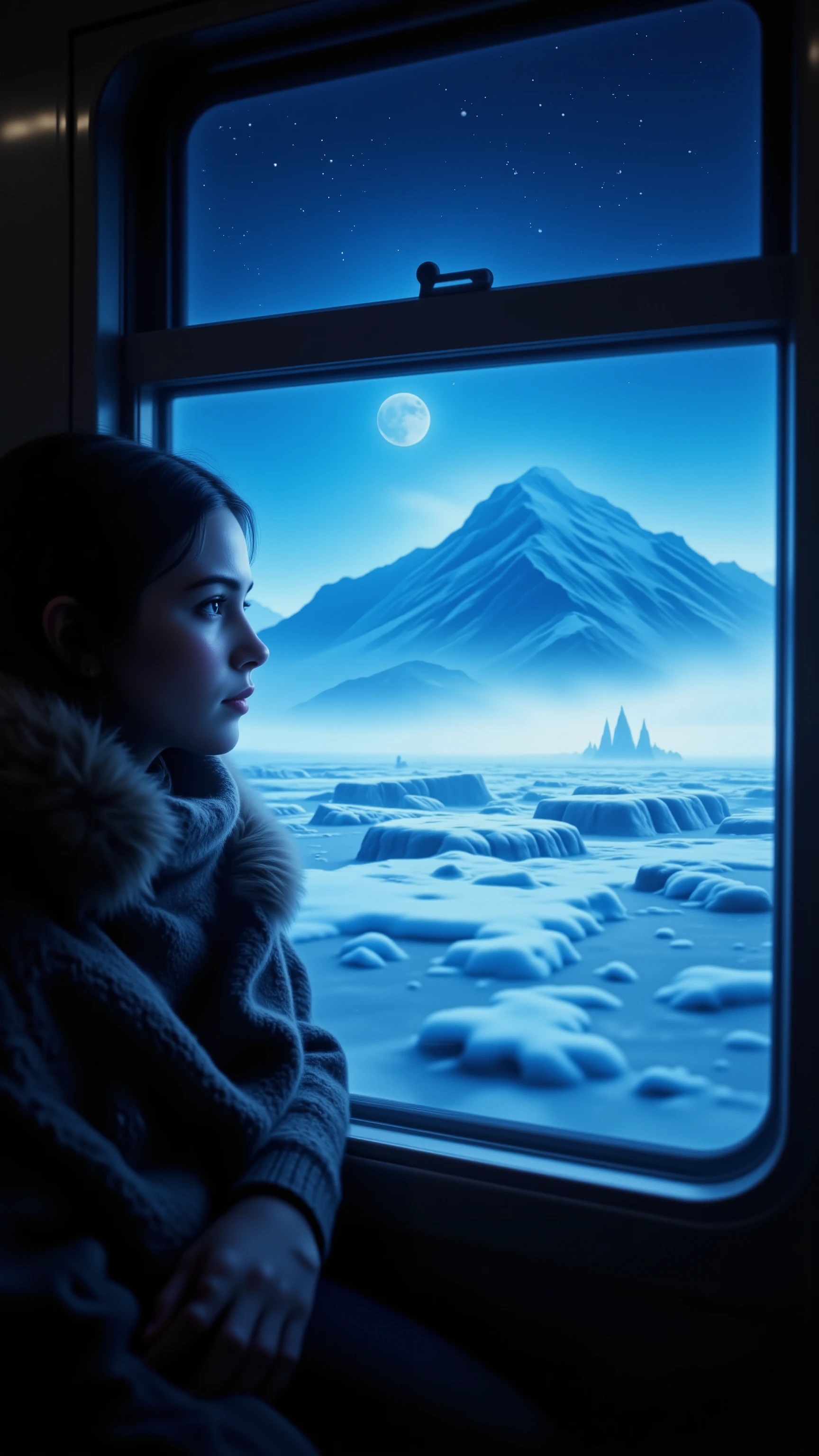 highdefinition picture、Trans-Siberian Railway 、Railway that runs through frozen Siberia、A woman looking at the earth in the middle of the night from the train window