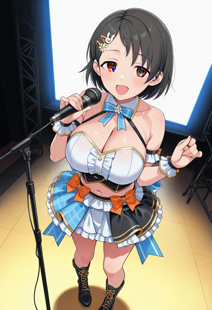 highest quality, masterpiece, High resolution, 一人in, {Nakagawa_ninsuki_Sound Euphonium:1.15}, Brown_hair, ponytail, length_hair, purple_eye, blush, serafuku, Closed_mouth, indoor, 前hair,Blurred_background, band_uniform, musical instrument, 一人in_concentrated, One girl, Holding, Holding_musical instrument, Choking_cap, gloves, skirt, No sleeve, white_gloves, Looking_in_Audience、Nipples are visible