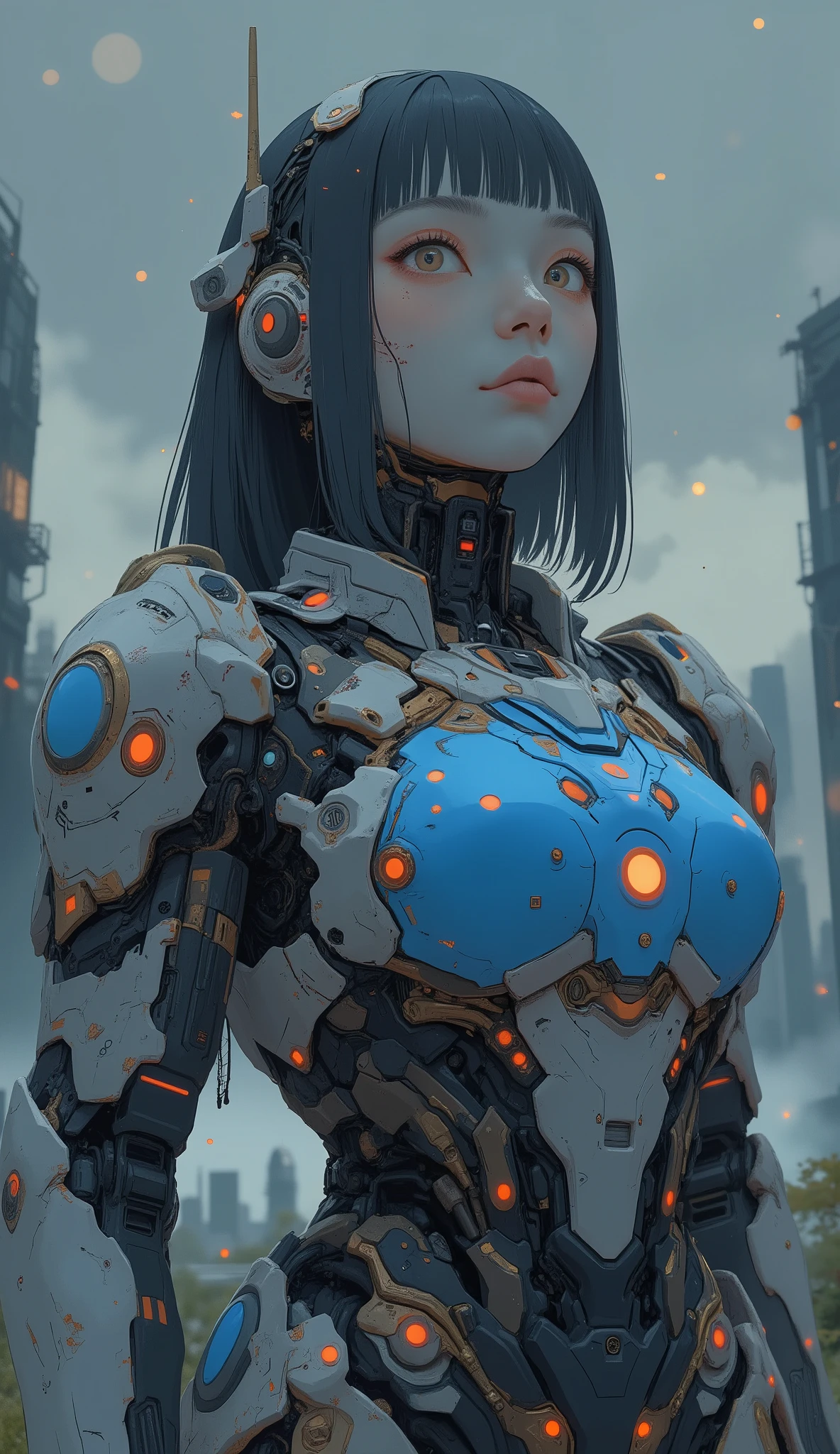 eye height、close-up、詳細で印象的なガンダムを連想させるロボットSuitを着た美しい日本人女性が、standing, looks up at the sky. Suit、 Women's face and eyes a prominent blue chest plate with red and gold accents, features a design reminiscent of futuristic armor. shoulders and arms、 with black and red details on a white protective plate, sophisticated appearance. Also for legs、dark eyes、 Women's face and eyes a combination of white armor with subtle red accents and blue elements on the legs, advanced robotics Similar to a damn skeleton design. Women's face and eyes , adds human elements to mechanical ensembles. 照明はSuitの光沢を際立たせます, Has a reflective texture, creates dynamic and attractive visual contrast. 人間と人間が立派で印象的なロボットSuitを着ている、with reflective texture。contains robotic elements in costumes、with reflective texture精巧で印象的なロボットSuitを着た、 Shining part、combines strength and elegance.particles of light drifting through the atmosphere