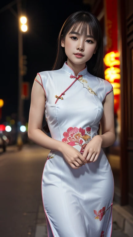 (16k wallpaper, masutepiece, Best Quality, Ultra-detailed, Highly detailed realistic photos, Beautiful detailed eyes, Solo, curby, qipao dress, chinese clothes, thighs thighs thighs thighs, Voluptuous, Chinatown), Ultra High Resolution, Fine skin、Sexy, 20 years old, Smile, Beautiful Girl
