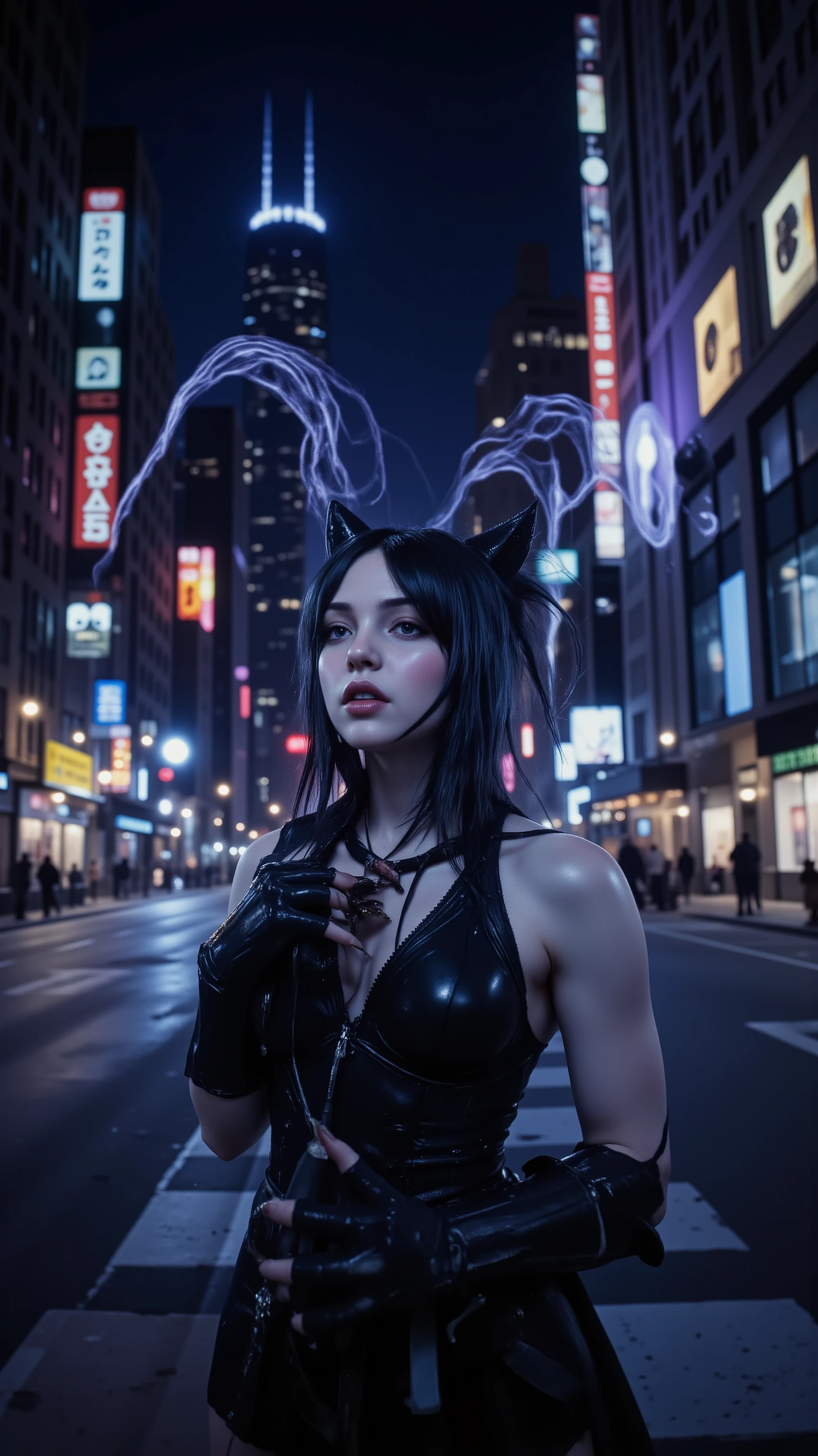 highdefinition picture、The cat monster girl that haunts Chicago at night、There is a seven-color ghost behind her