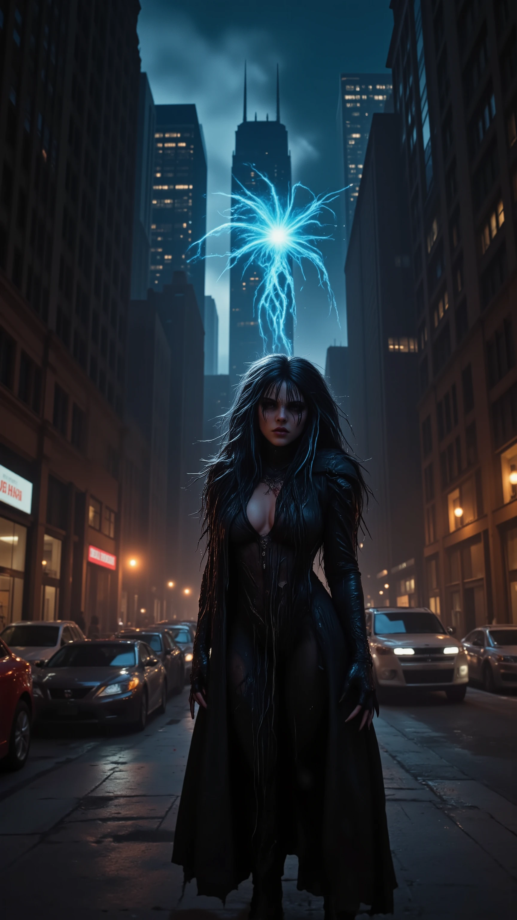 highdefinition picture、The cat monster girl that haunts Chicago at night、There is a seven-color ghost behind her