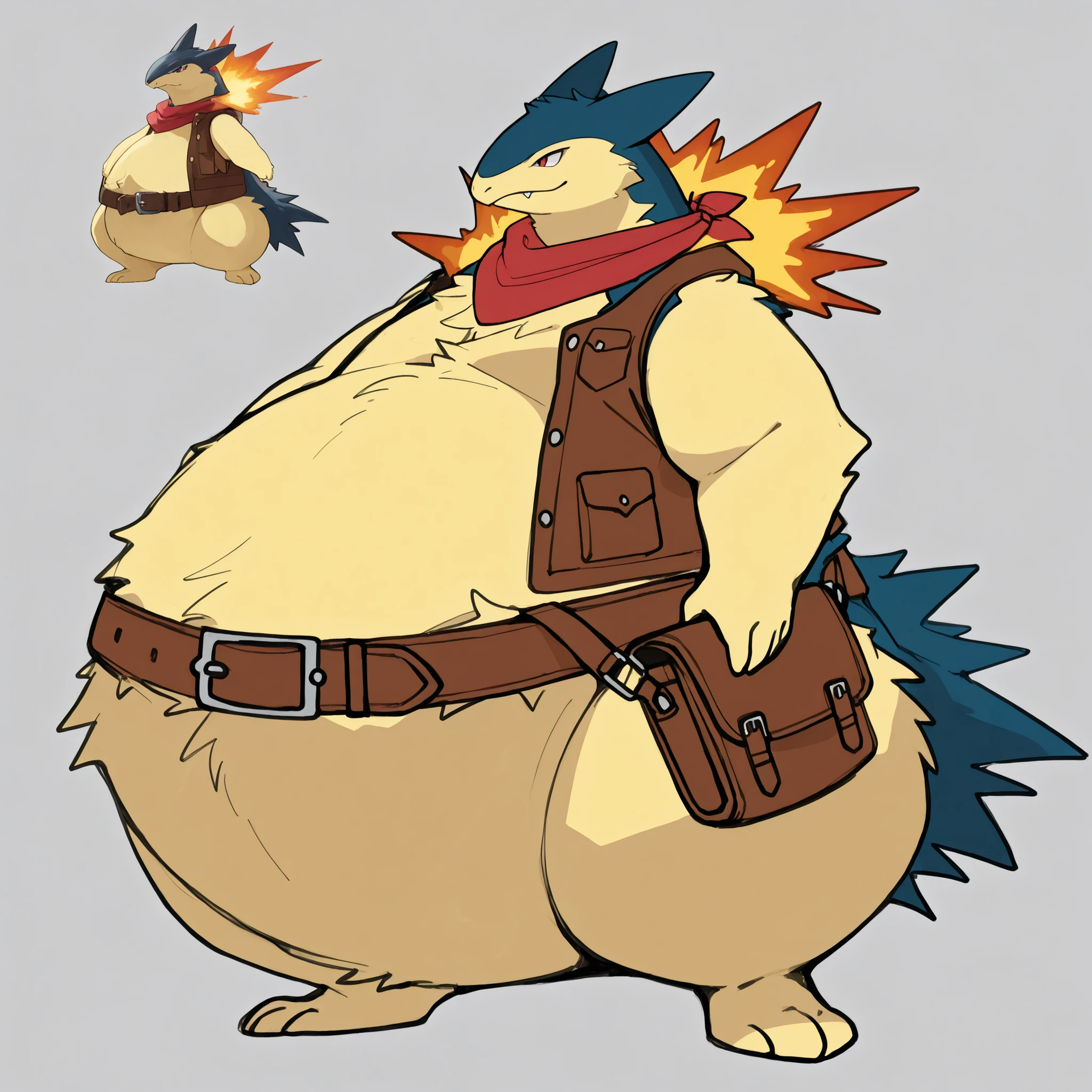 full body, furry typhlosion, wide bottom, heavy bottom, wided legs,short digitigrade leg, giant pearshape body, no nipple,detailed face,4k ultfigurelity, (4k half body view:1.0),(detailed face),ultra high detailed body,feral typhlosion,enormous body,(smaller head),(enomorous body),(gigantic body),(tight belts),many belts,bags,(unbuttoned brown vest),belly overhang,cartoon style,(sketch style),side view,light color,macro,giga,in wield,red scarf,messenger bag,(character sketch),obese,gigantic belly